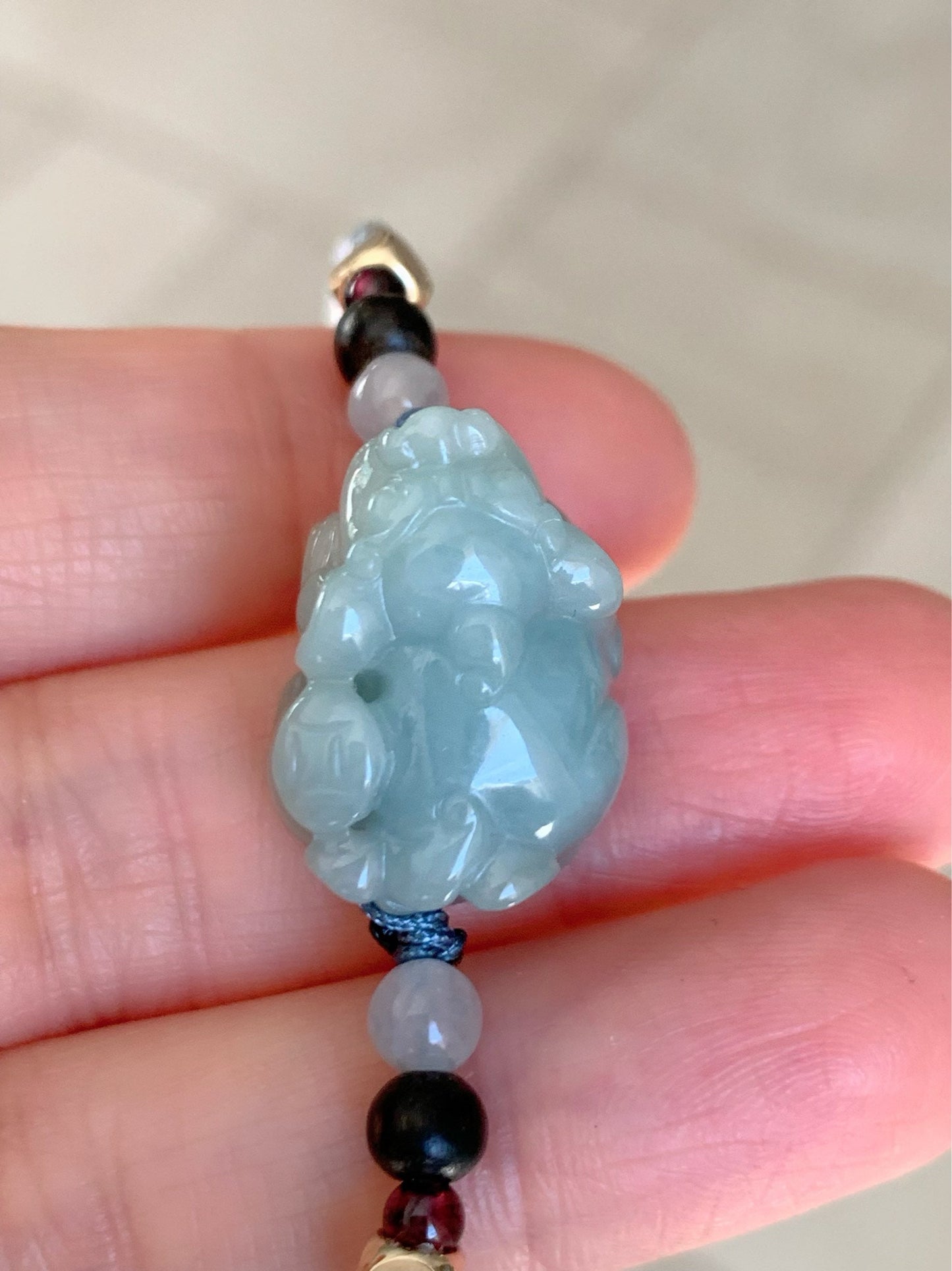 Jadeite Pixiu Multi-gem Bracelet Natural Burmese Icy Blue Jadeite Carved Male Pixiu Rope Bracelet Adjustable 5.75-7.5” 天然缅甸糯冰蓝底貔貅多宝手绳