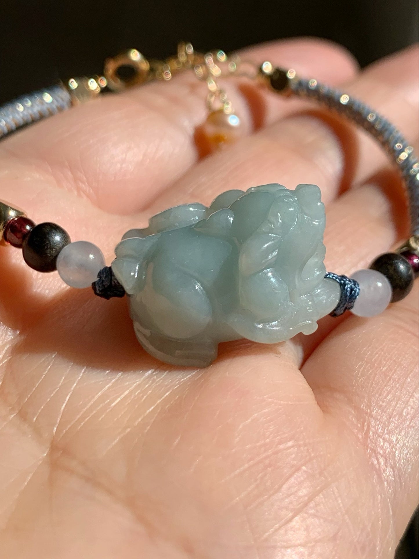 Jadeite Pixiu Multi-gem Bracelet Natural Burmese Icy Blue Jadeite Carved Male Pixiu Rope Bracelet Adjustable 5.75-7.5” 天然缅甸糯冰蓝底貔貅多宝手绳