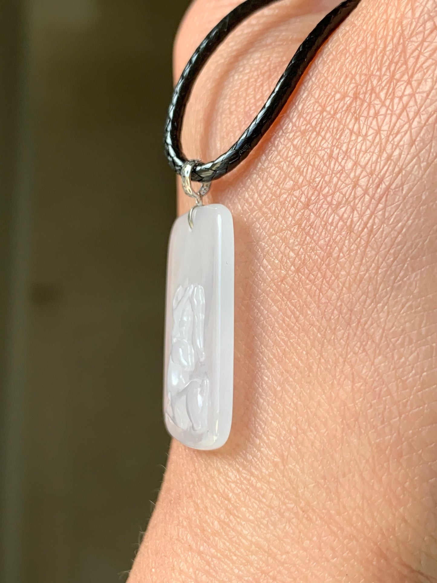 Natural Burmese Icy Highly Translucent White Jadeite Deer Tag Pendant 18K White Gold 天然缅甸正冰鹿牌镶嵌吊坠