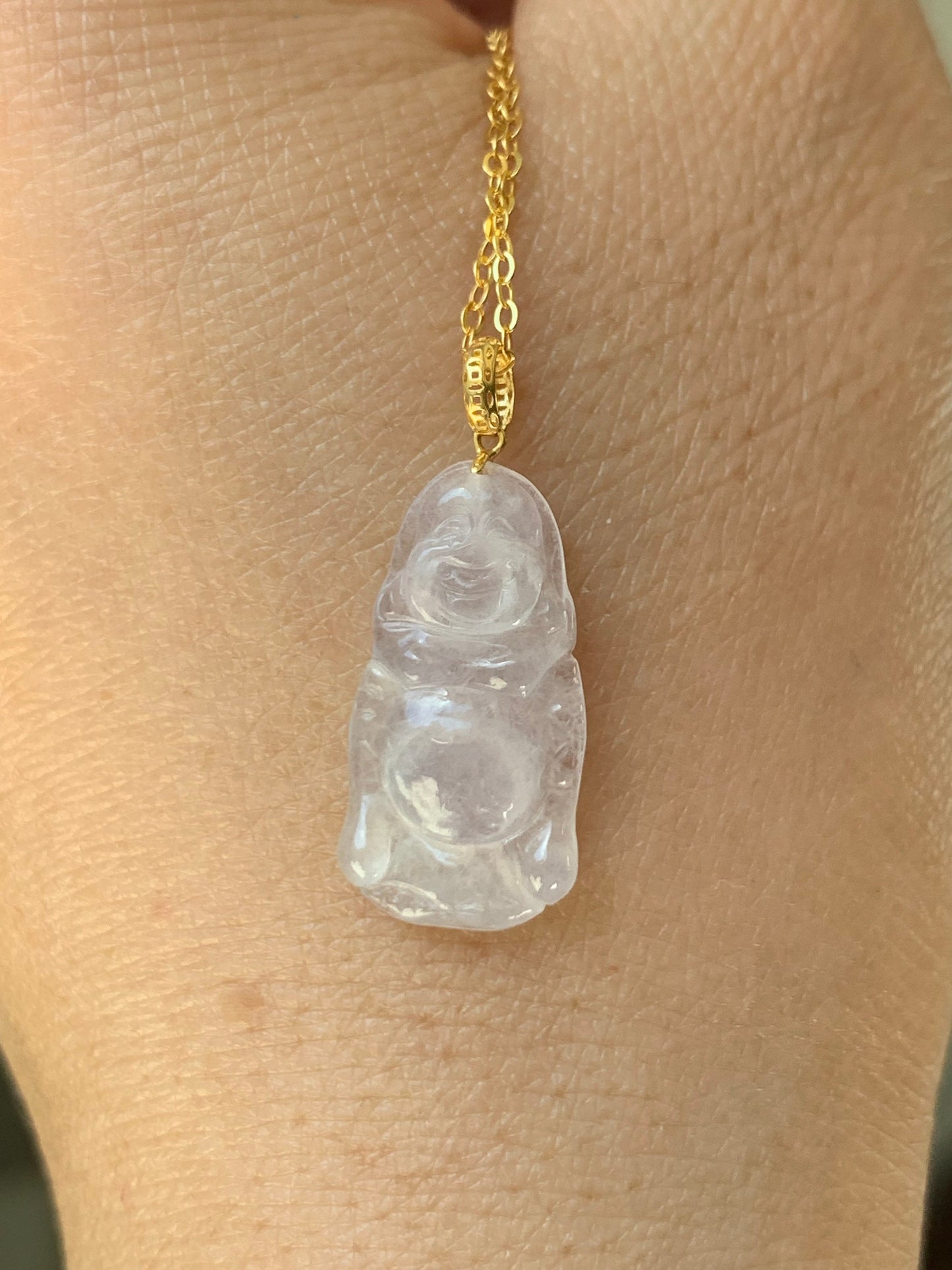 Natural Burmese Premium Transparent Icy Jadeite Light Pink Undertone Buddha Petite Pendant 18K Yellow Gold 天然缅甸老种正高冰起光冰粉底翡翠站佛镶嵌吊坠