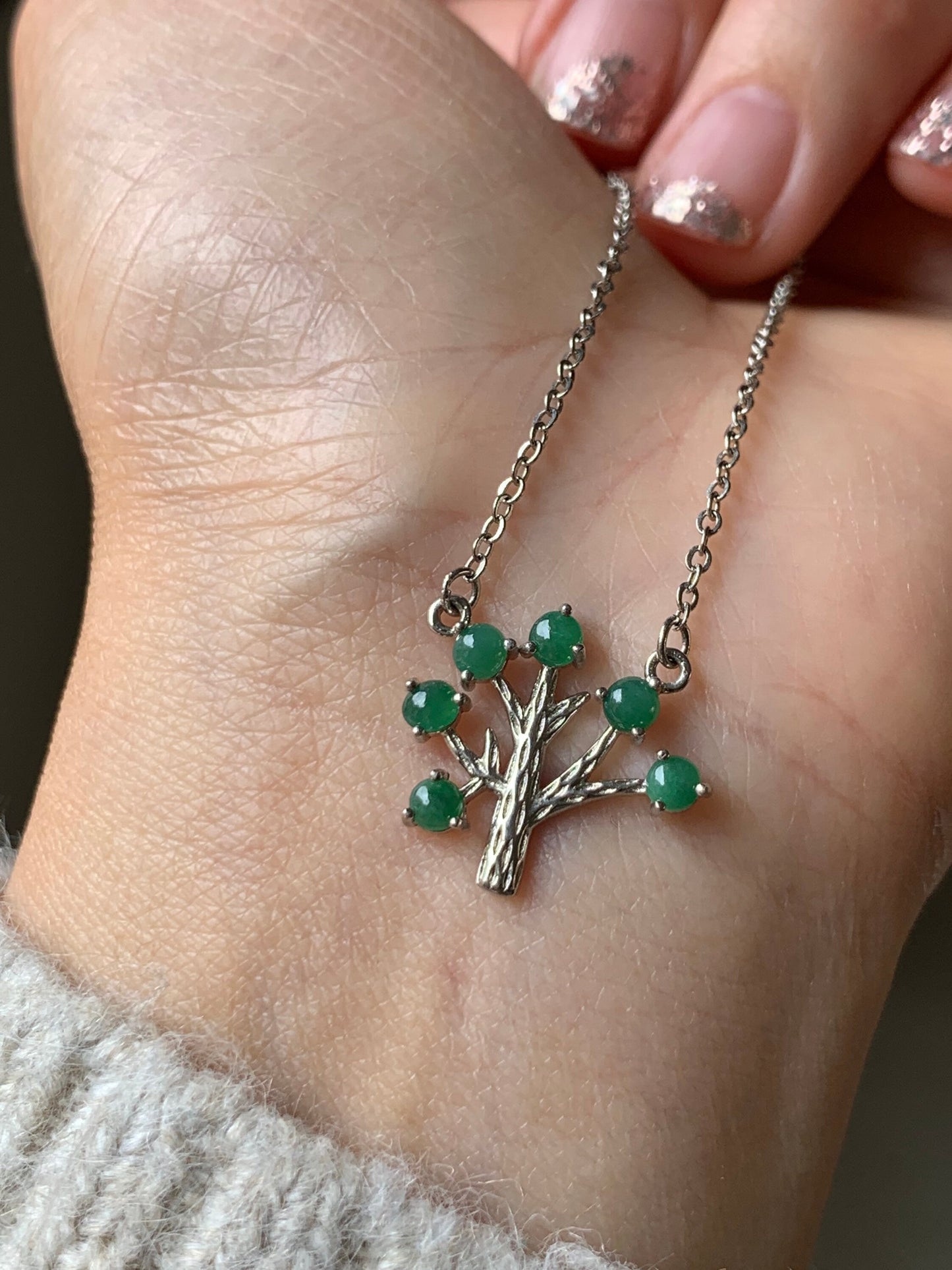 Natural Burmese Icy Translucent Dark Green Jadeite Tree Pendant and Necklace 15-17” adjustable S925 Silver 天然缅甸冰绿翡翠银镶吊坠锁骨链