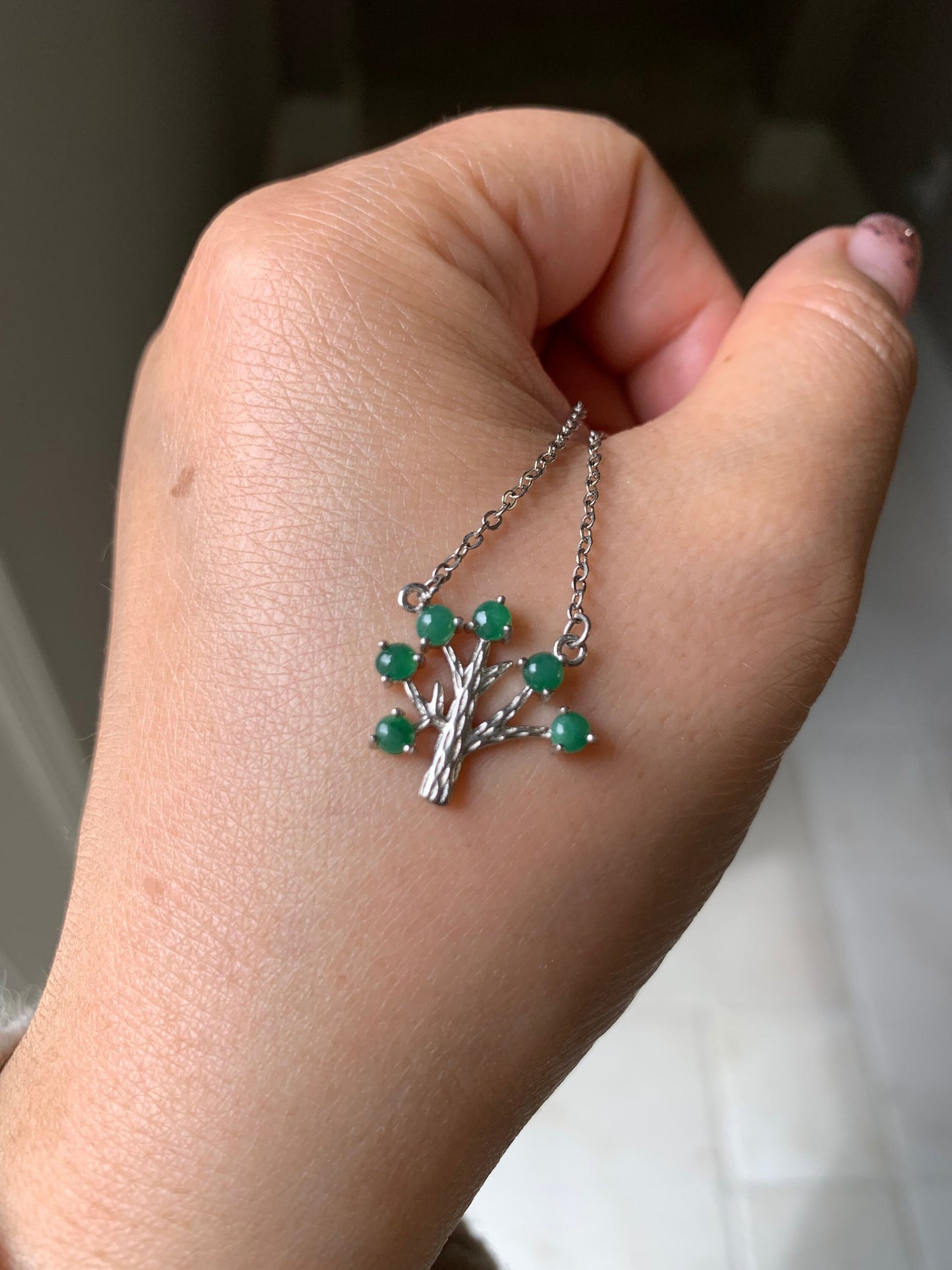 Natural Burmese Icy Translucent Dark Green Jadeite Tree Pendant and Necklace 15-17” adjustable S925 Silver 天然缅甸冰绿翡翠银镶吊坠锁骨链