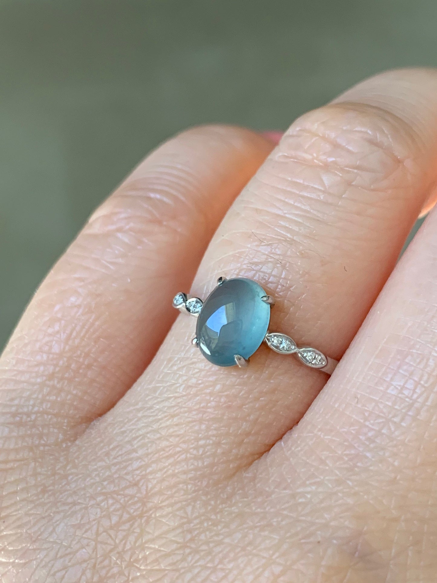 Certified Natural Guatemalan Premium Highly Translucent Blue Jadeite Ring with genuine Diamonds 18K White Gold Sz 7 天然危地马拉正高冰蓝水翡翠钻石镶嵌戒指