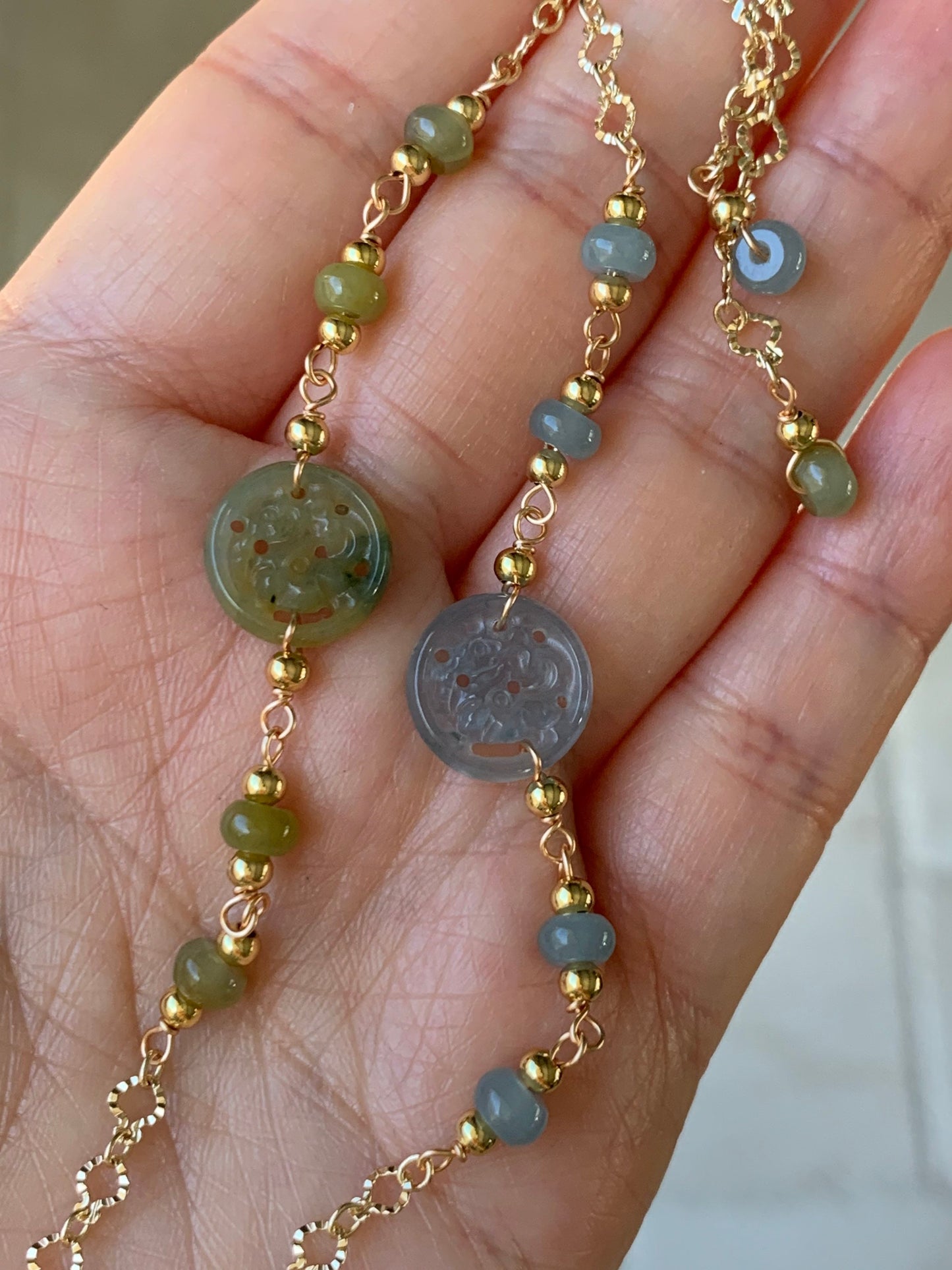 Natural Guatemalan Icy Highly Translucent Jadeite Carved Qilin Tag Bracelet 14K Gold Plated adjustable up to 7.5” 天然冰危高冰翡翠麒麟牌14K包金手链