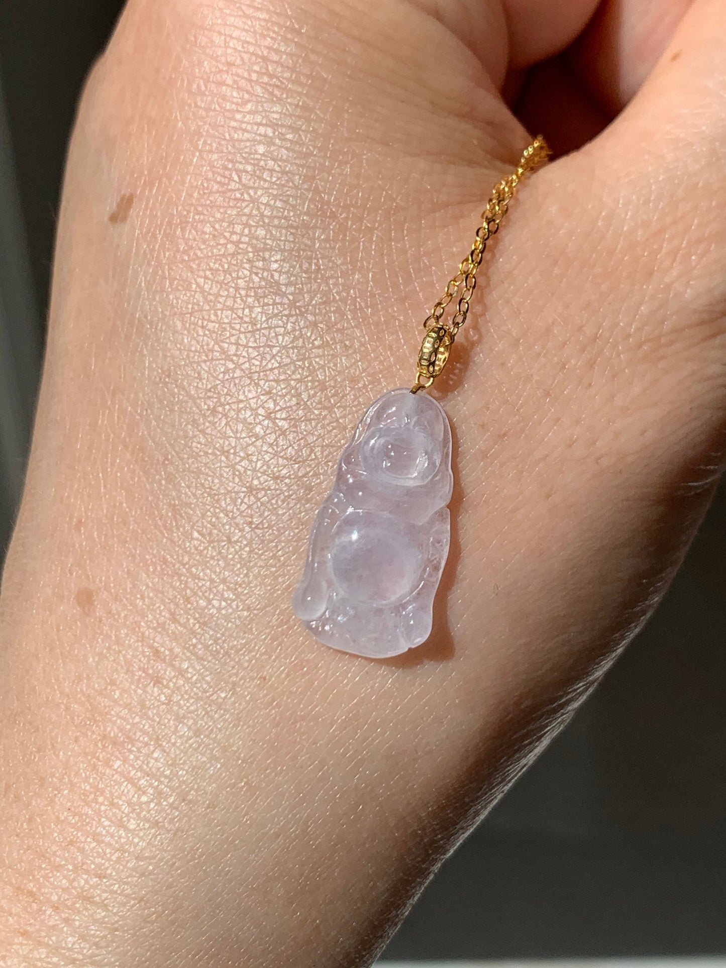 Natural Burmese Premium Transparent Icy Jadeite Light Pink Undertone Buddha Petite Pendant 18K Yellow Gold 天然缅甸老种正高冰起光冰粉底翡翠站佛镶嵌吊坠
