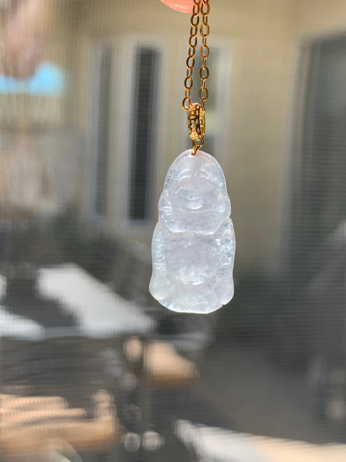 Natural Burmese Premium Transparent Icy Jadeite Light Pink Undertone Buddha Petite Pendant 18K Yellow Gold 天然缅甸老种正高冰起光冰粉底翡翠站佛镶嵌吊坠