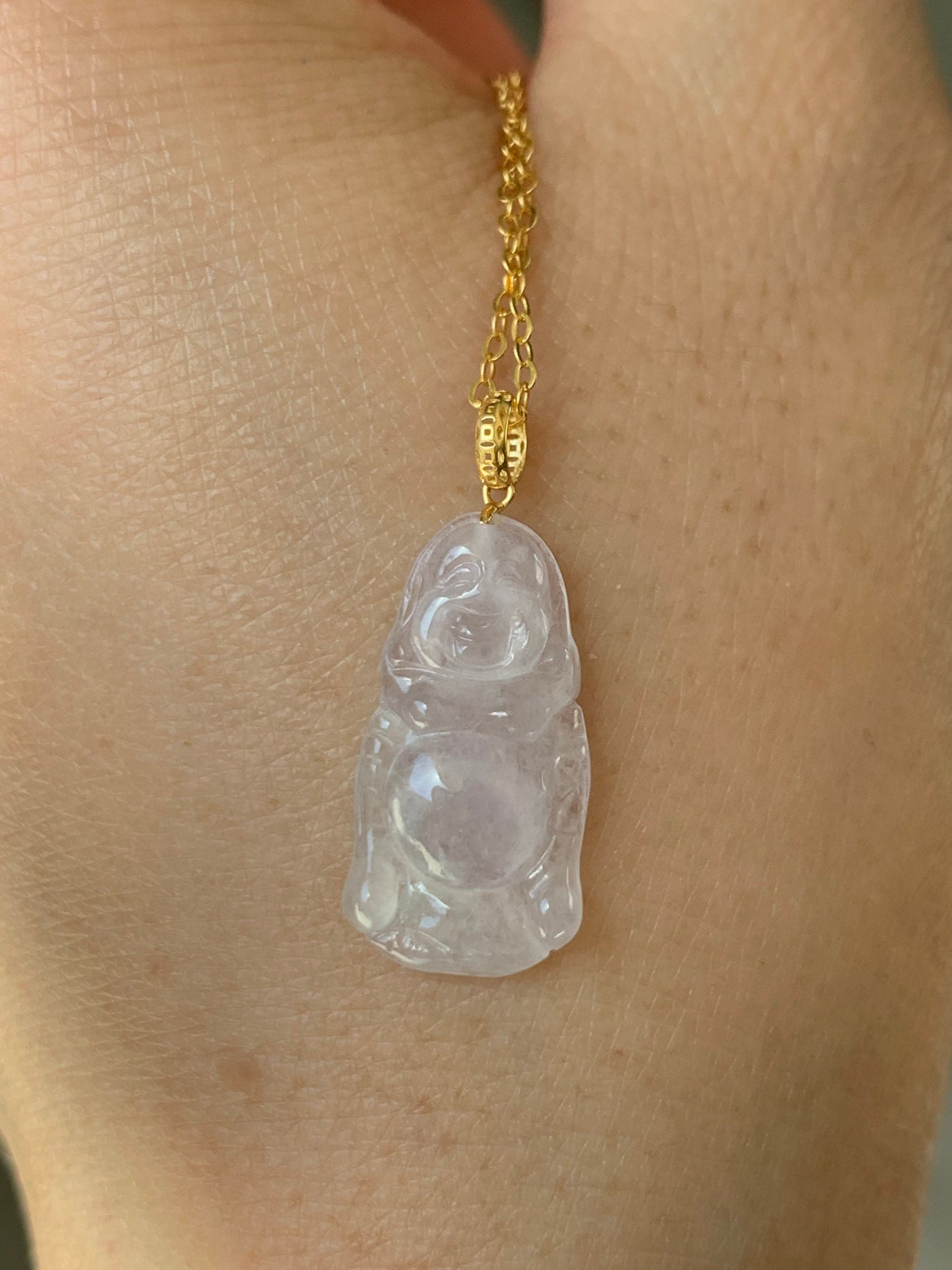 Natural Burmese Premium Transparent Icy Jadeite Light Pink Undertone Buddha Petite Pendant 18K Yellow Gold 天然缅甸老种正高冰起光冰粉底翡翠站佛镶嵌吊坠