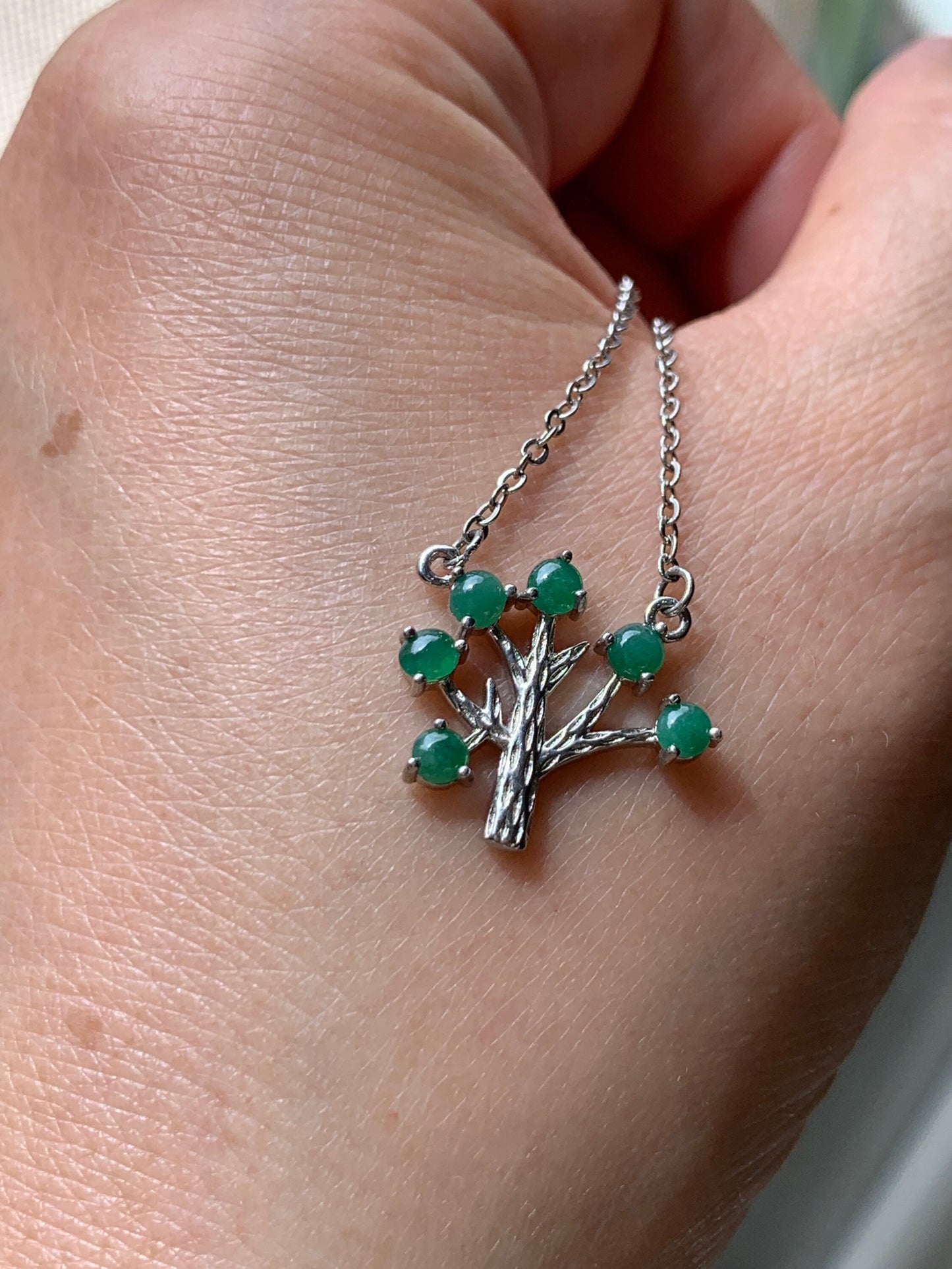 Natural Burmese Icy Translucent Dark Green Jadeite Tree Pendant and Necklace 15-17” adjustable S925 Silver 天然缅甸冰绿翡翠银镶吊坠锁骨链