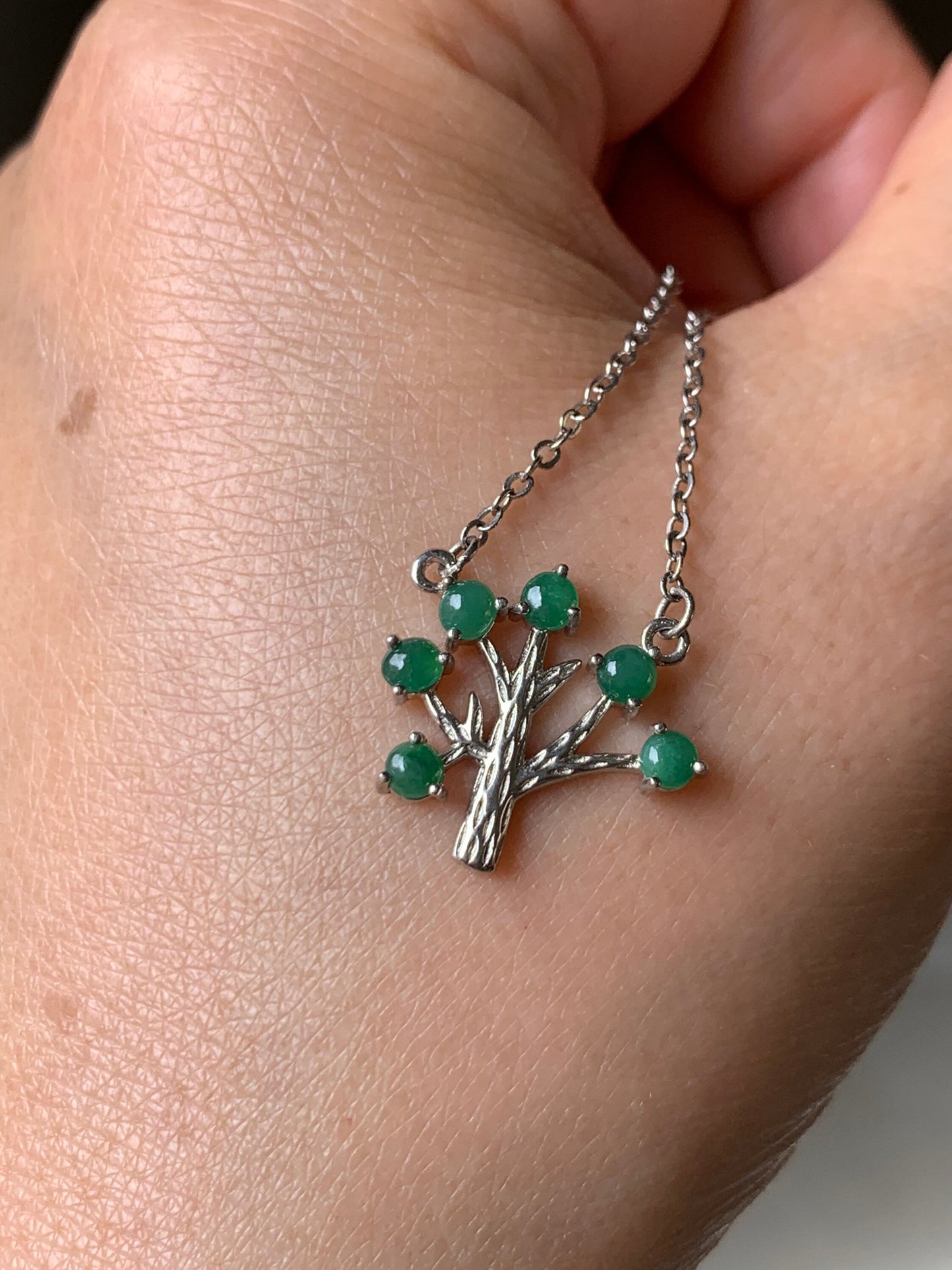 Natural Burmese Icy Translucent Dark Green Jadeite Tree Pendant and Necklace 15-17” adjustable S925 Silver 天然缅甸冰绿翡翠银镶吊坠锁骨链