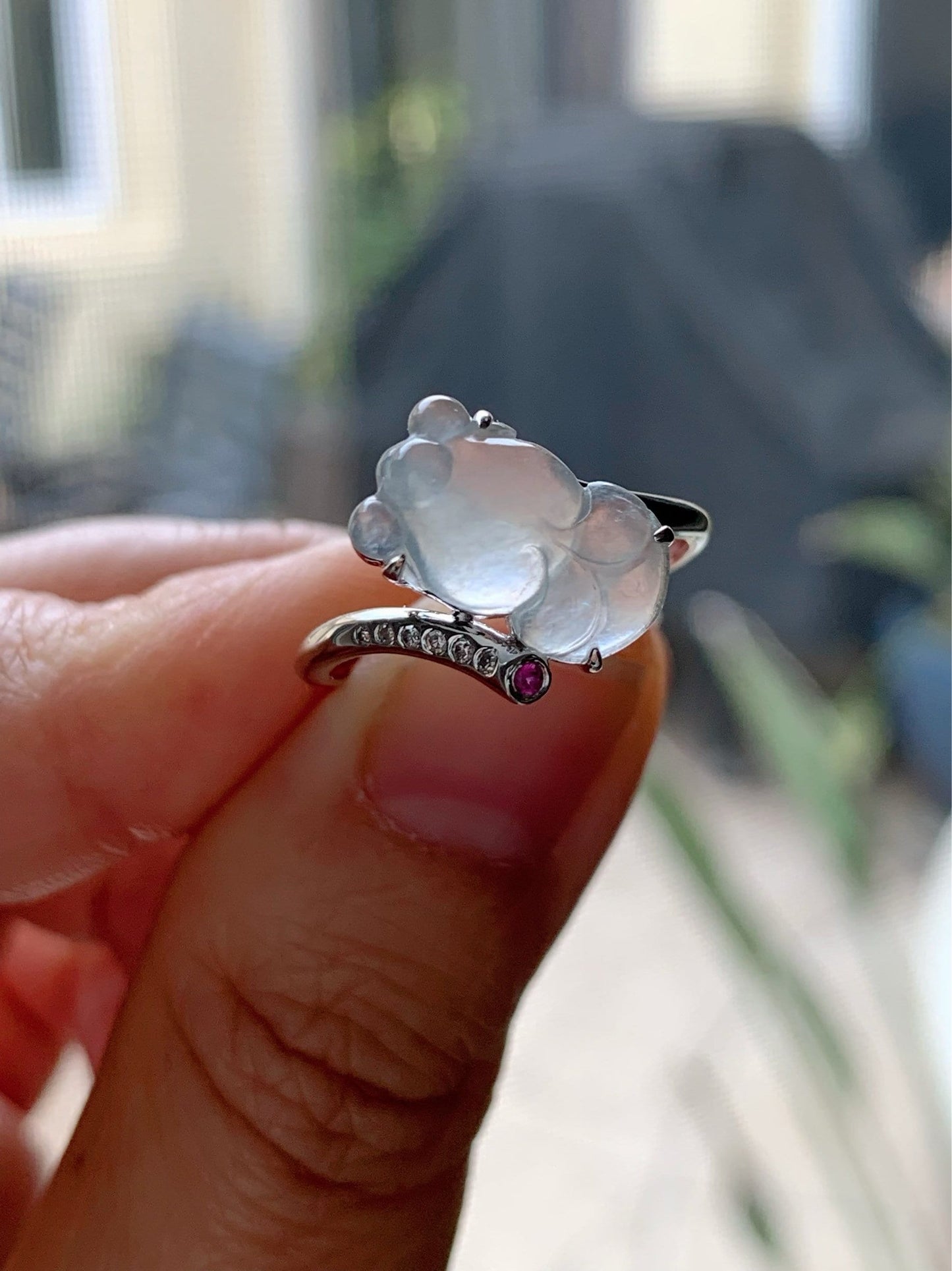 Certified Natural Burmese Transparent White Jadeite Carved Goldfish Diamond & Ruby Ring 18K White Gold sz 7 天然缅甸高冰起钢翡翠金鱼钻石红宝镶嵌戒指