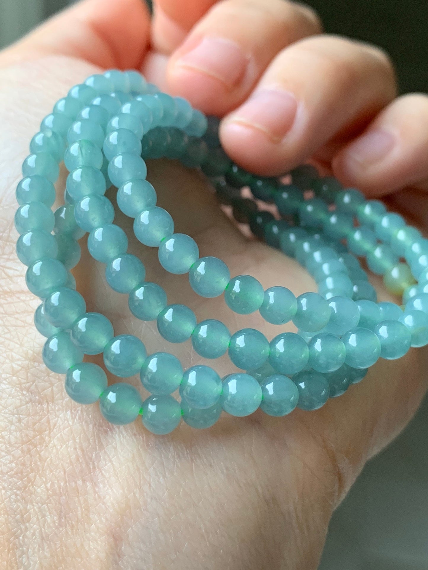Natural Guatemalan Translucent Gelatinous Light Blue Jadeite Beaded Necklace 5mm 22” 天然危地马拉冰胶蓝水翡翠长串