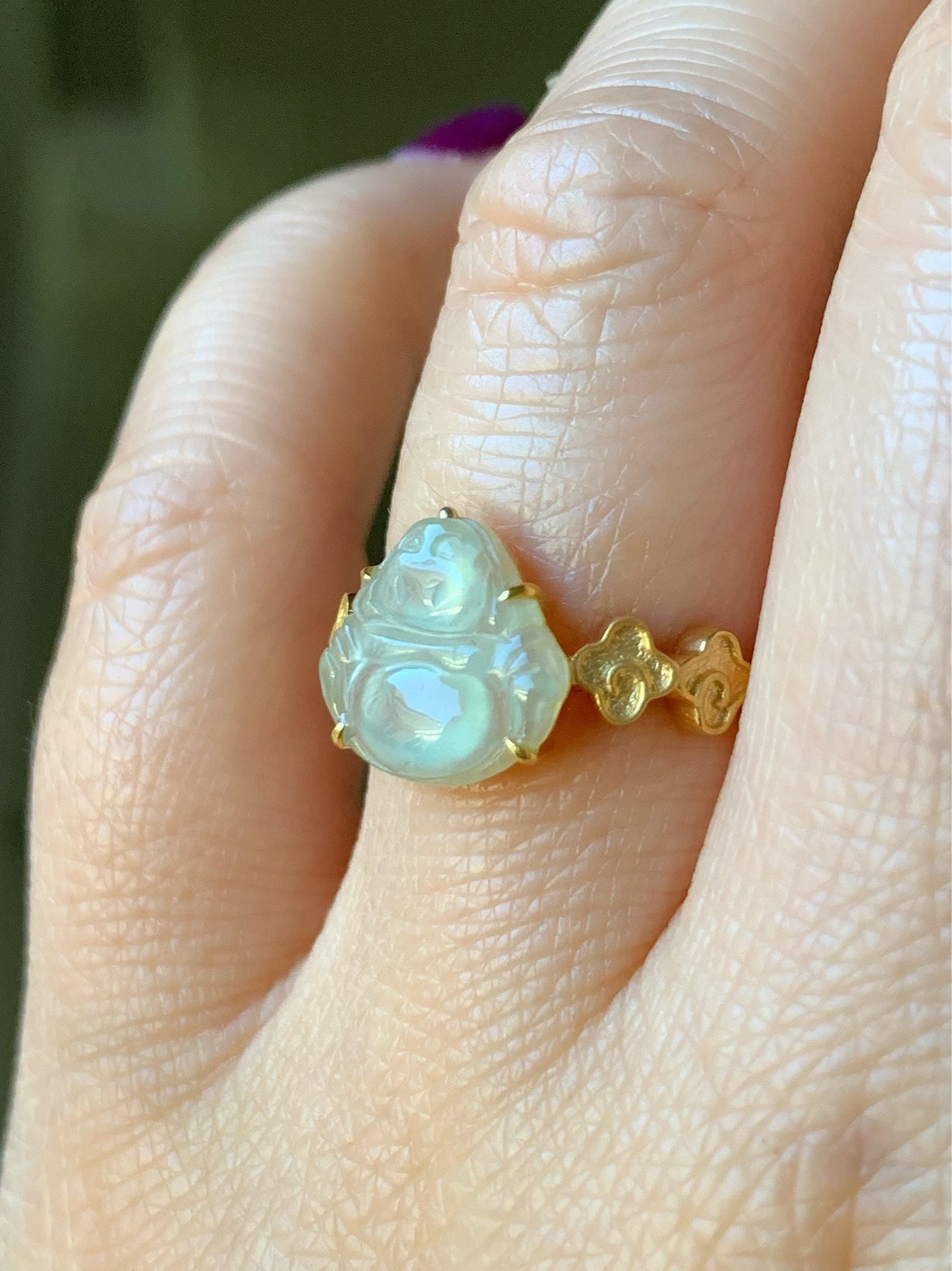 Certified Natural Burmese Premium Translucent Light Green Jadeite Buddha Ring 18K Yellow Gold Size 7 天然缅甸高冰起光晴底翡翠佛公18K镶嵌戒指