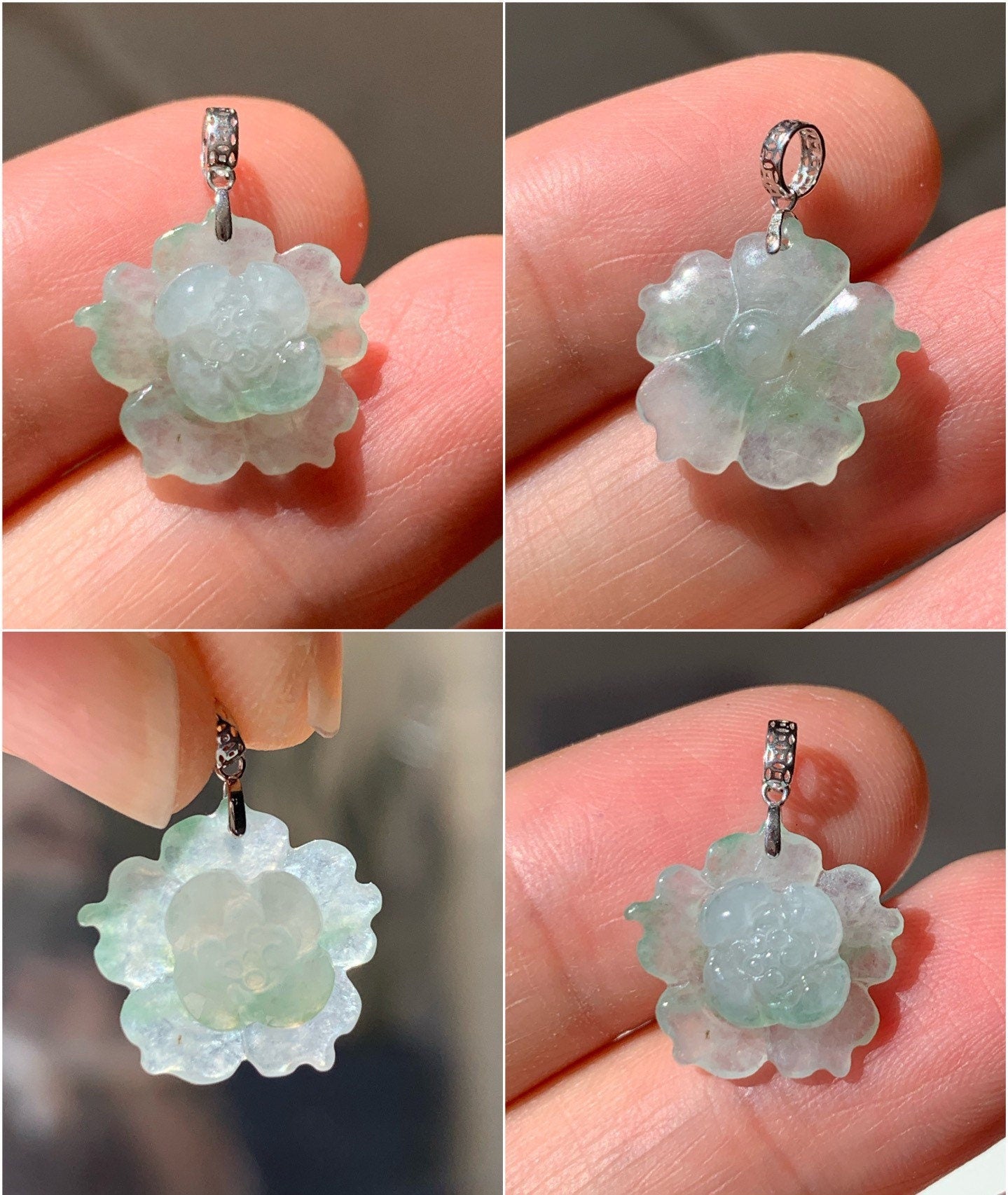 Natural Premium Highly Translucent Jadeite Carved Lotus Flower Pendant 18K White Gold 天然正高冰翡翠莲花镶嵌吊坠