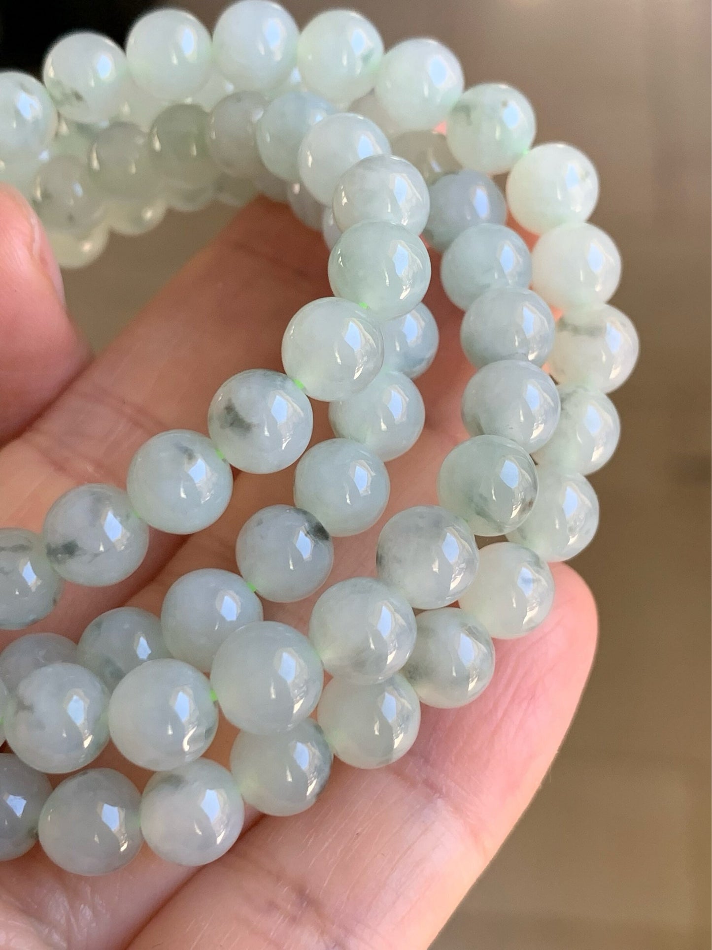Burmese Natural Icy Highly Translucent Gelatinous Light Green Marbling Jadeite Beaded Necklace 7mm 26” 天然缅甸正冰起胶飘花翡翠长串
