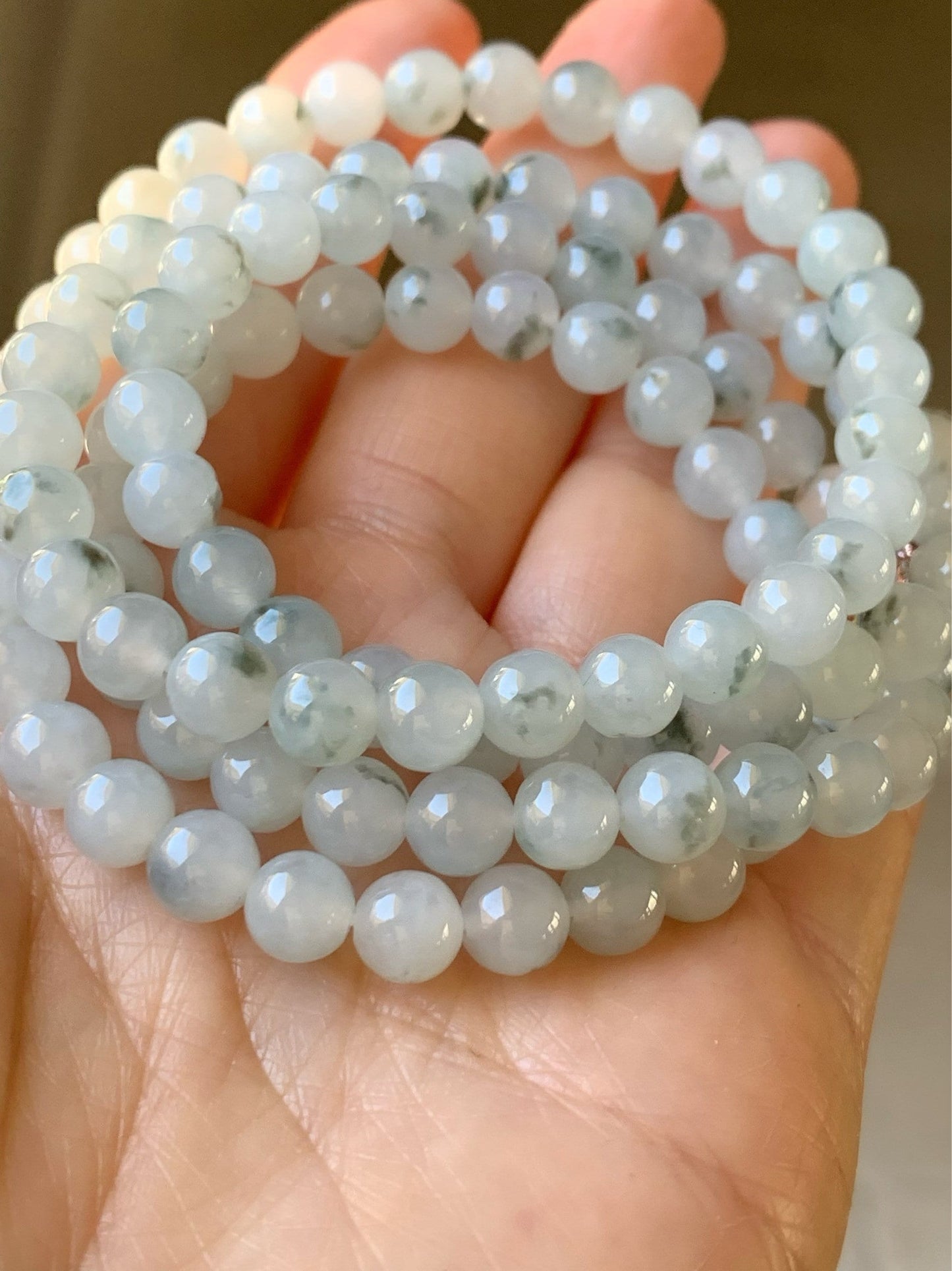 Burmese Natural Icy Highly Translucent Gelatinous Light Green Marbling Jadeite Beaded Necklace 7mm 26” 天然缅甸正冰起胶飘绿花翡翠长串