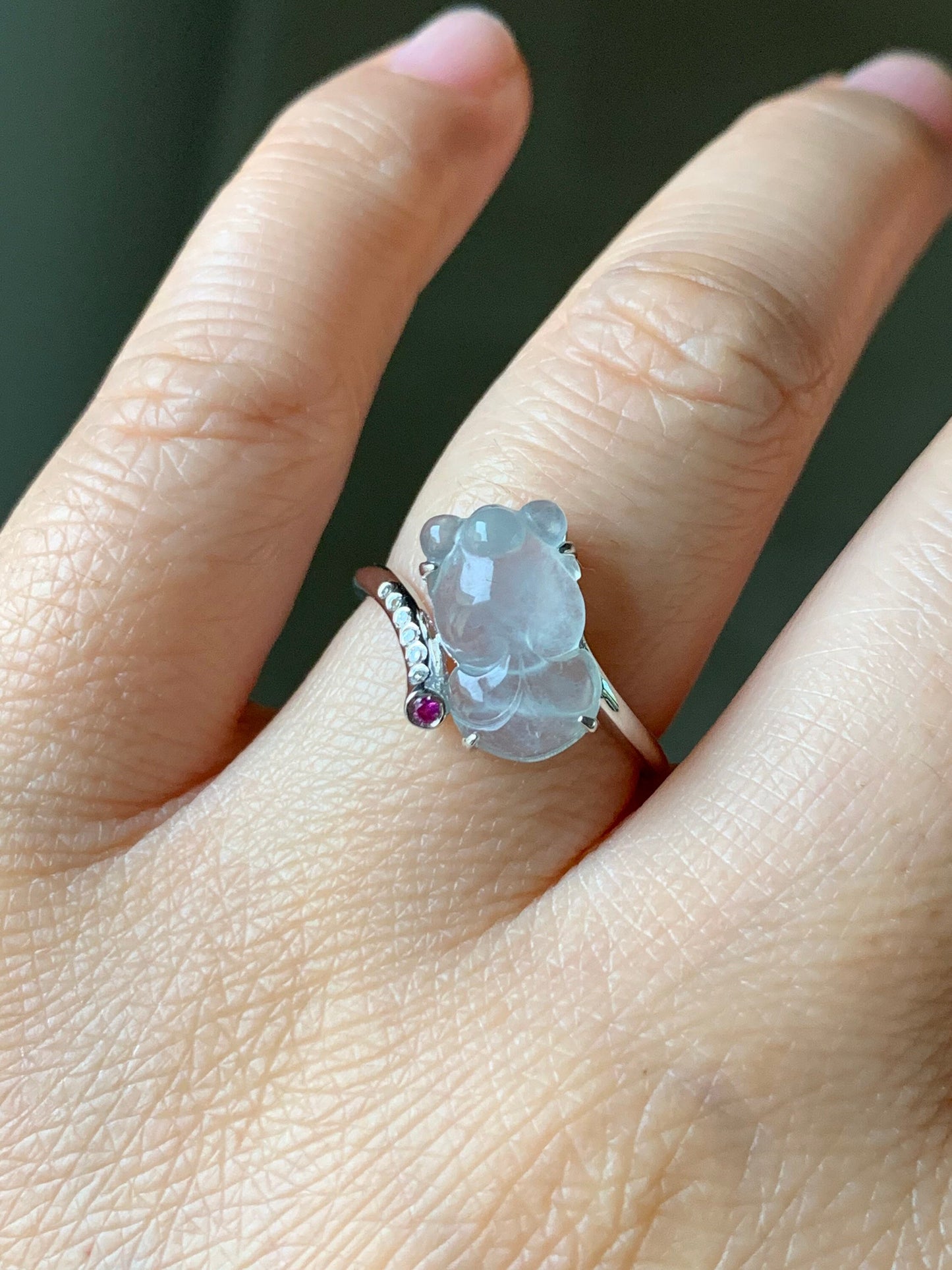 Certified Natural Burmese Transparent White Jadeite Carved Goldfish Diamond & Ruby Ring 18K White Gold sz 7 天然缅甸高冰起钢翡翠金鱼钻石红宝镶嵌戒指