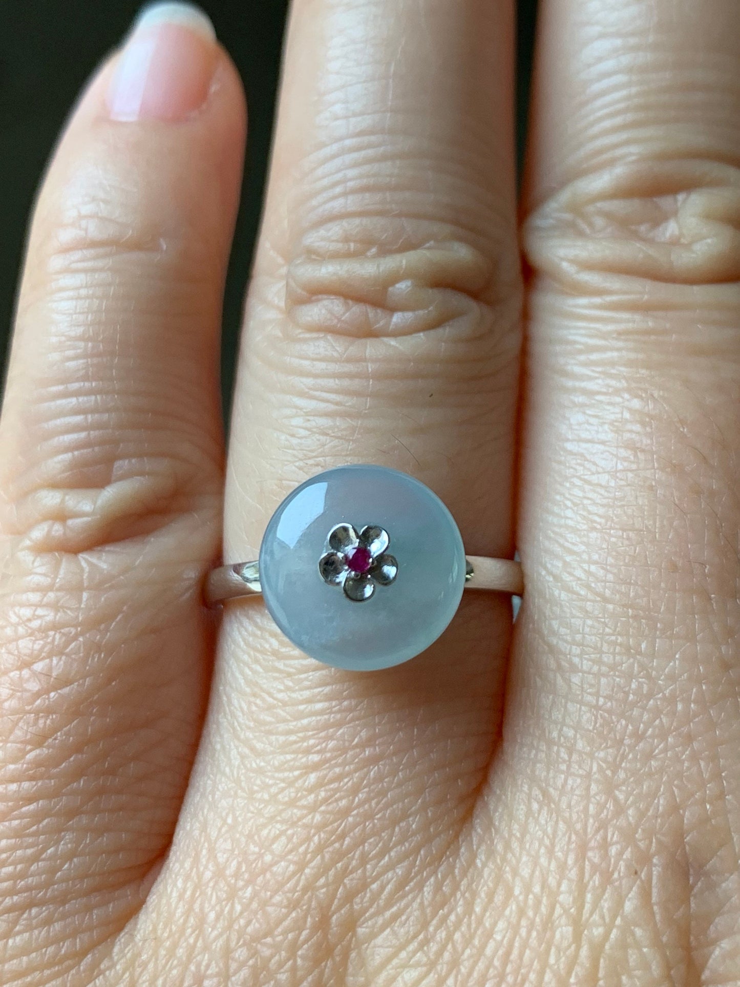 Certified Burmese Icy Highly Translucent Gelatinous Sky Blue Jadeite Button Ring 18K White Gold with Ruby Sz 7 天然缅甸正冰天空蓝平安扣翡翠红宝石镶嵌戒指