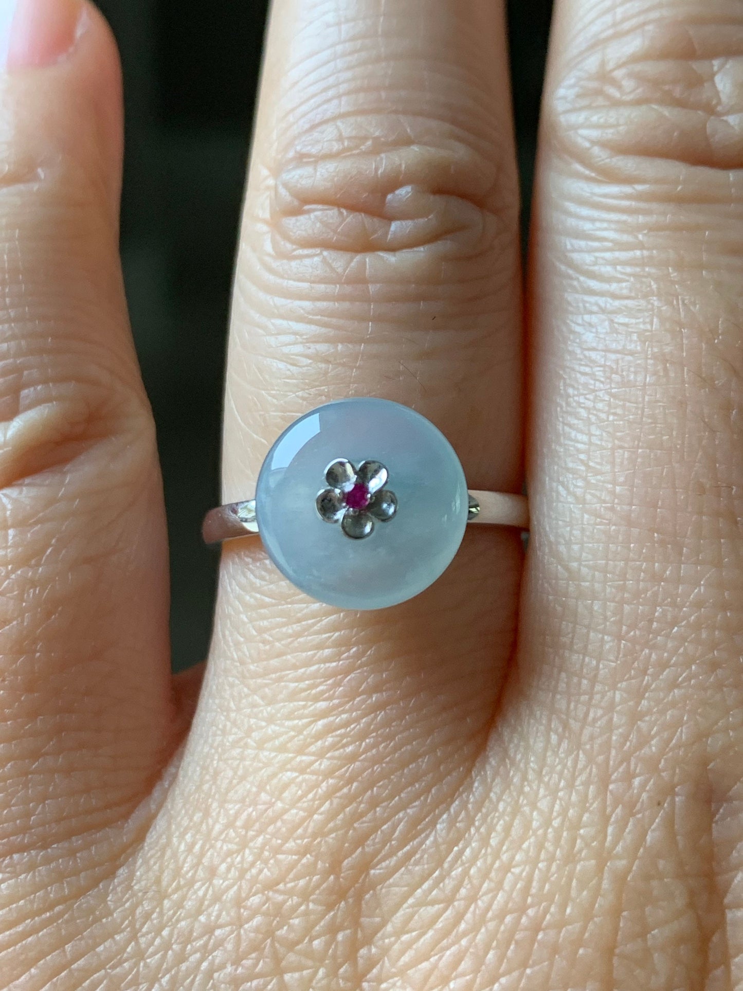 Certified Burmese Icy Highly Translucent Gelatinous Sky Blue Jadeite Button Ring 18K White Gold with Ruby Sz 7 天然缅甸正冰天空蓝平安扣翡翠红宝石镶嵌戒指