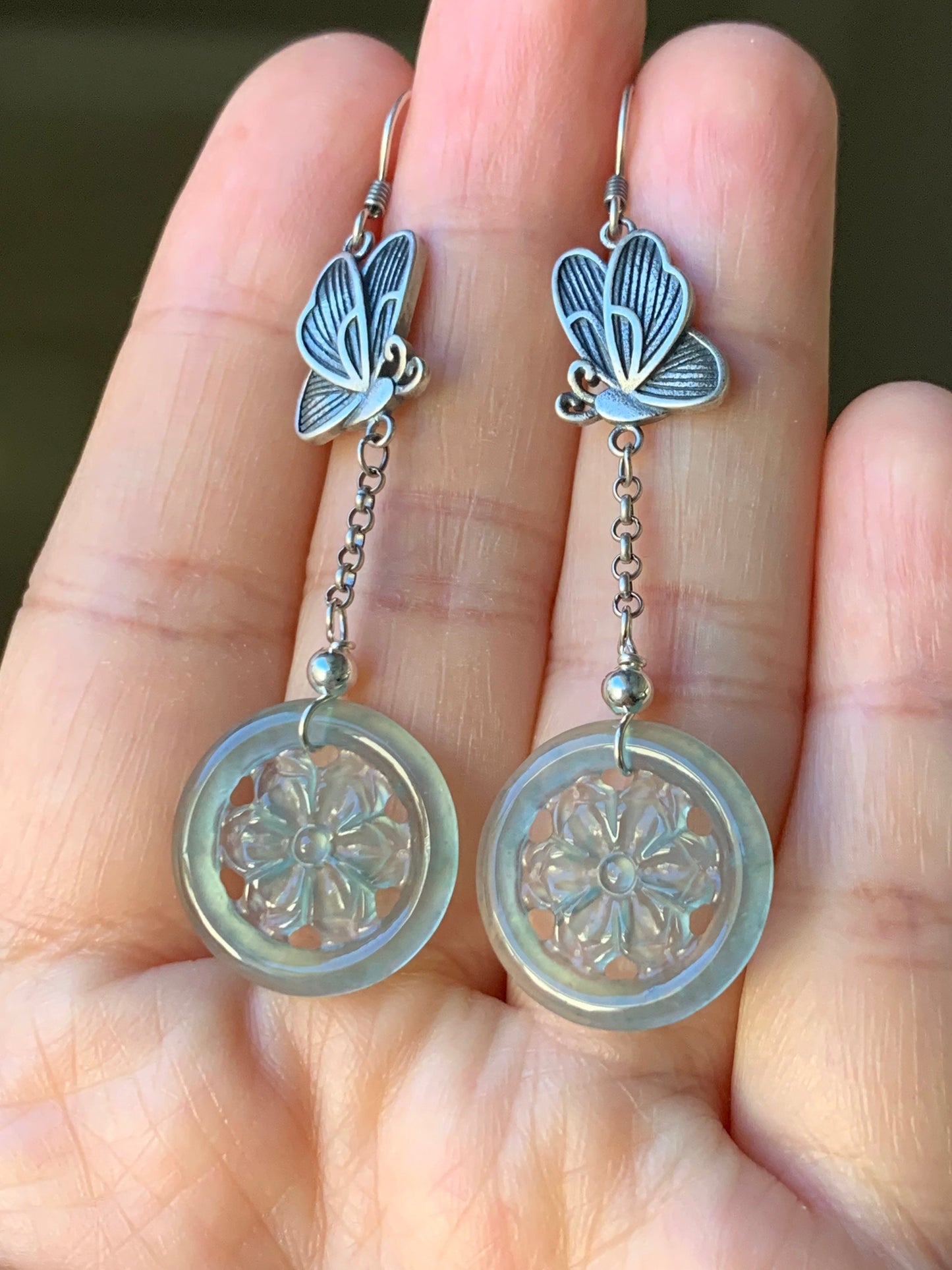 Natural Guatemalan Icy Highly Translucent Sky Blue Jadeite Carved Flower Dangle Earrings S925 Silver 天然危地马拉正高冰天空蓝翡翠银镶耳钩