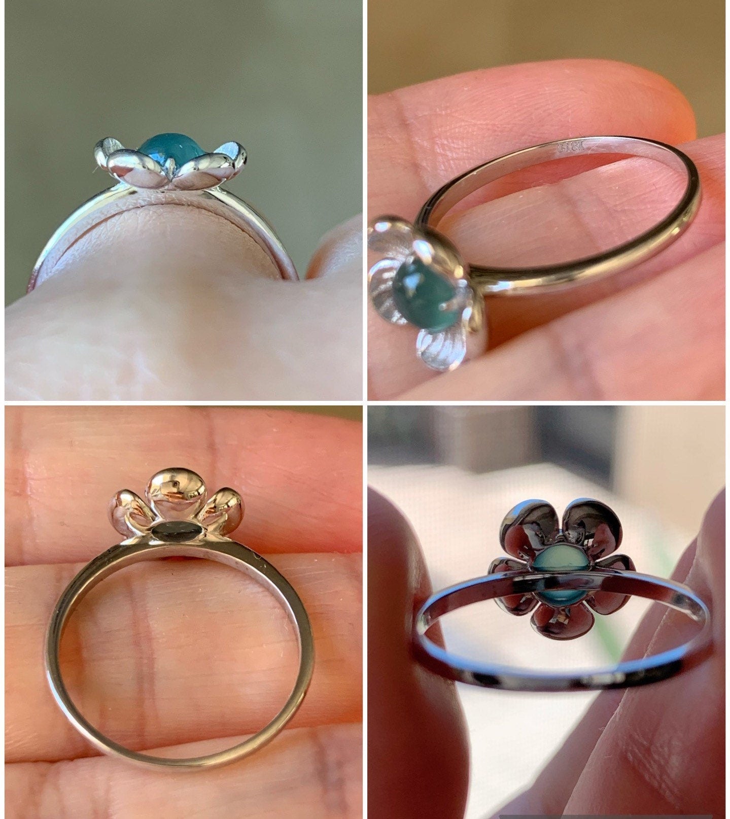 Certified Natural Burmese Icy Translucent Teal Green Jadeite Cherry Blossom Design Ring 18K White Gold size 7 天然缅甸冰湖水绿翡翠梅花白金镶嵌戒指
