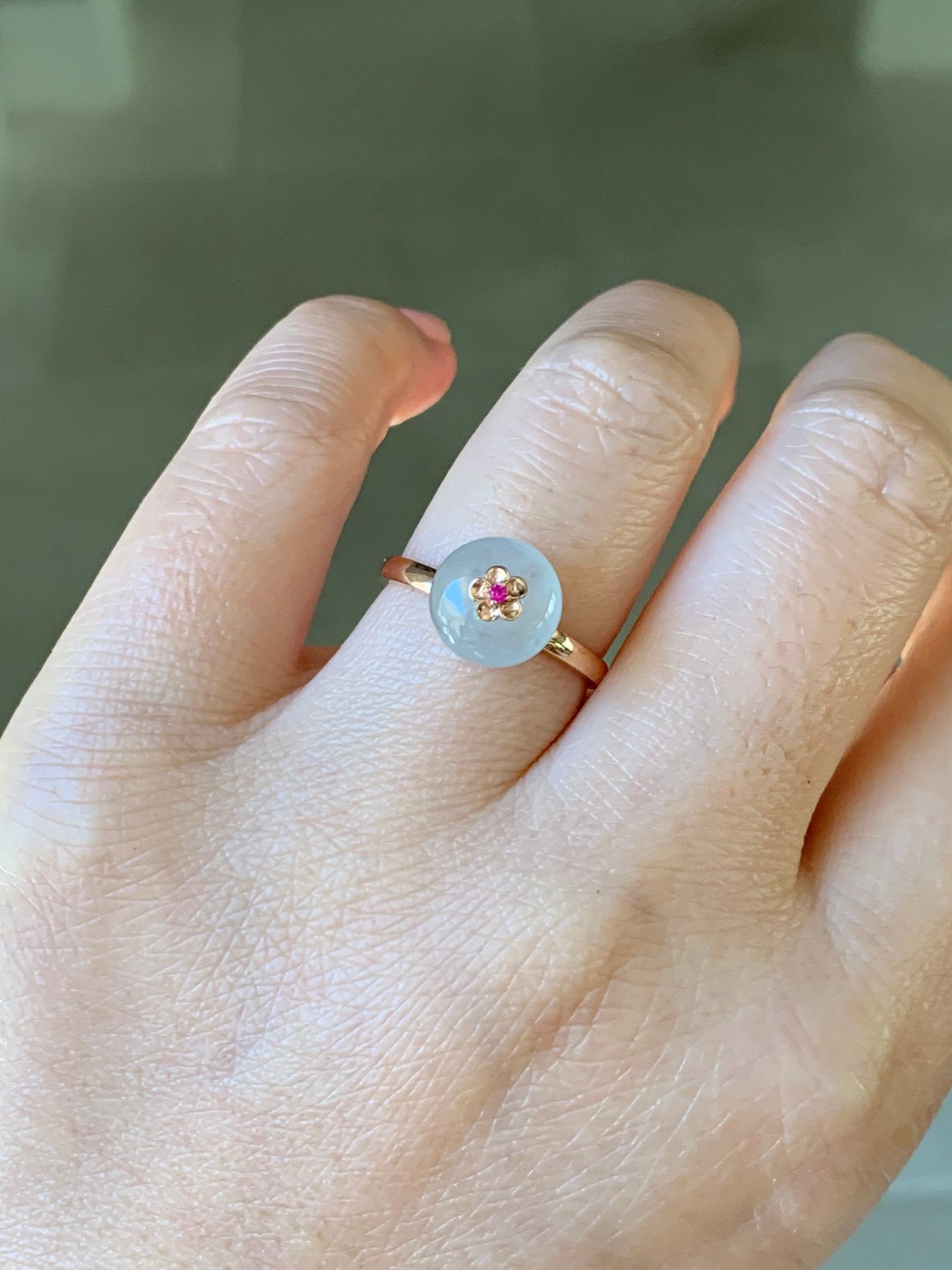 Certified Burmese Icy Highly Translucent Gelatinous Icy Jadeite Ping An Kou Ring 18K Rose Gold with Ruby Sz 7 天然缅甸正冰平安扣翡翠红宝石K玫镶嵌戒指