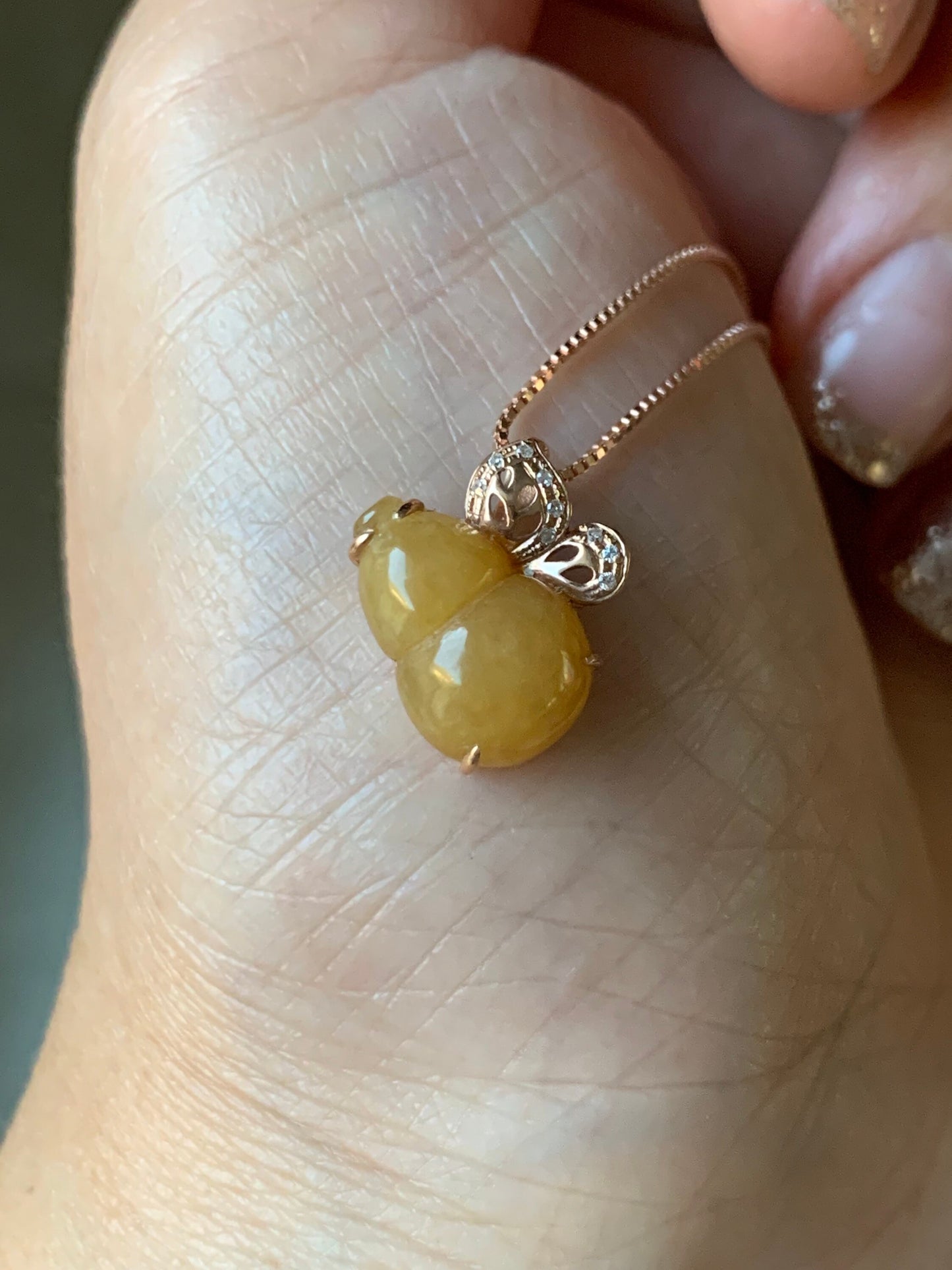 Certified Natural Burmese Icy Translucent Jadeite Gourd Hulu Pendant in 18K Rose Gold with Diamonds 天然缅甸黄翡葫芦K玫钻石镶嵌吊坠