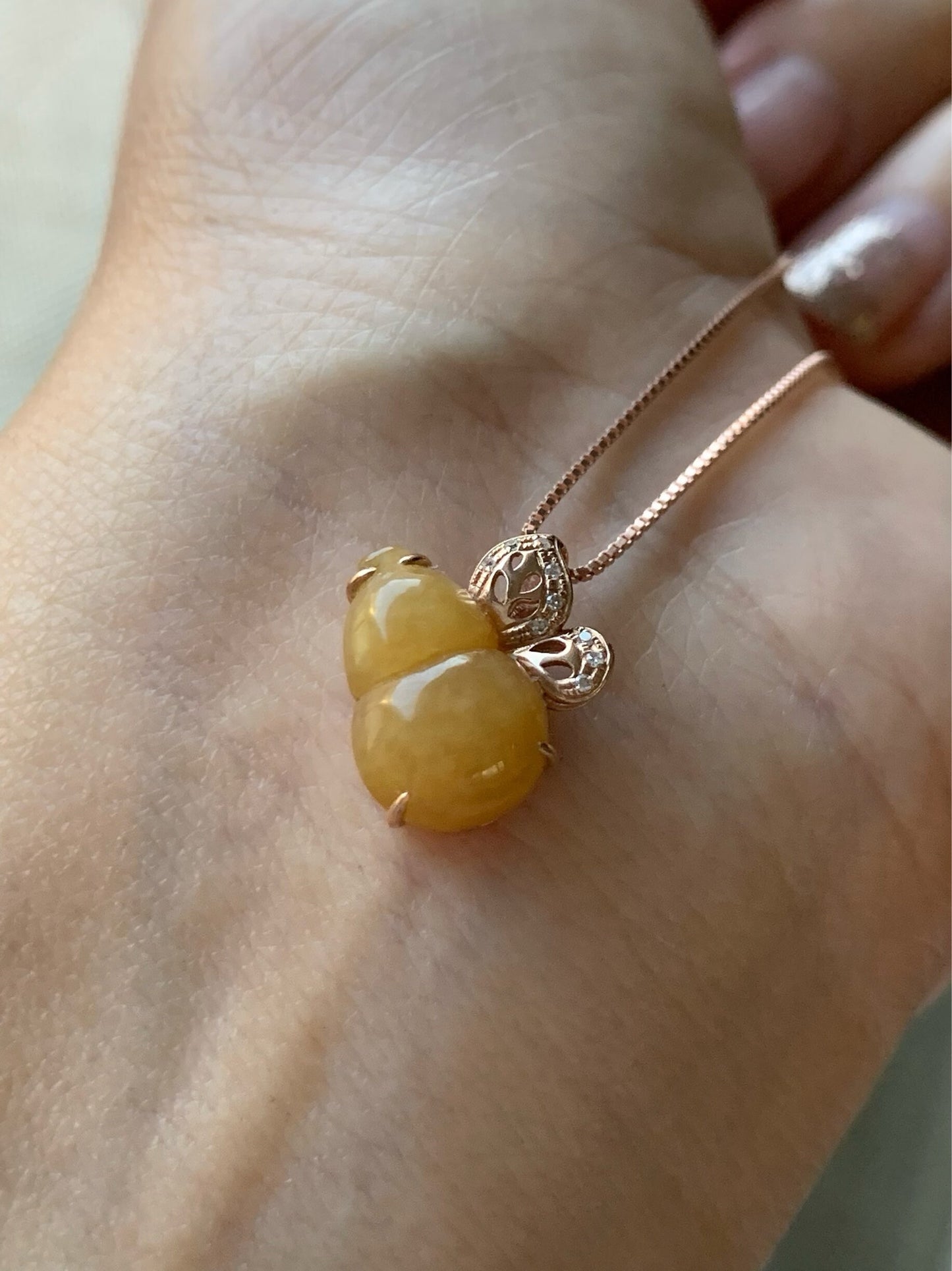 Certified Natural Burmese Icy Translucent Jadeite Gourd Hulu Pendant in 18K Rose Gold with Diamonds 天然缅甸黄翡葫芦K玫钻石镶嵌吊坠