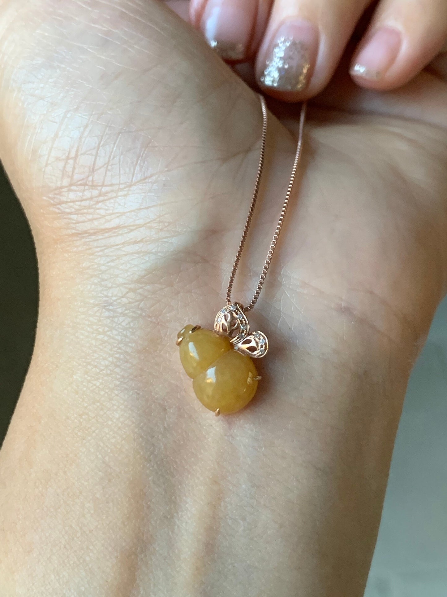 Certified Natural Burmese Icy Translucent Jadeite Gourd Hulu Pendant in 18K Rose Gold with Diamonds 天然缅甸黄翡葫芦K玫钻石镶嵌吊坠