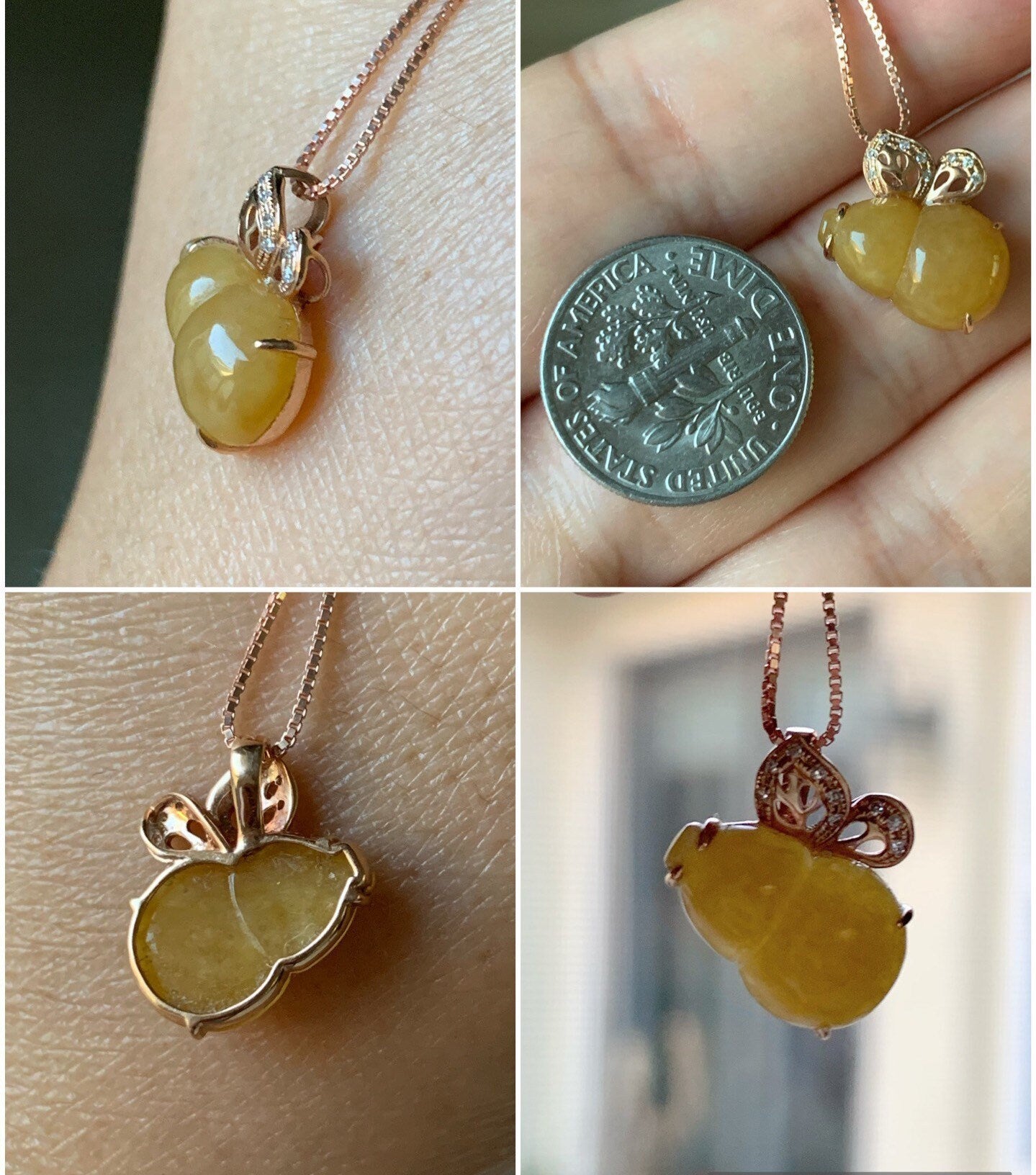 Certified Natural Burmese Icy Translucent Jadeite Gourd Hulu Pendant in 18K Rose Gold with Diamonds 天然缅甸黄翡葫芦K玫钻石镶嵌吊坠