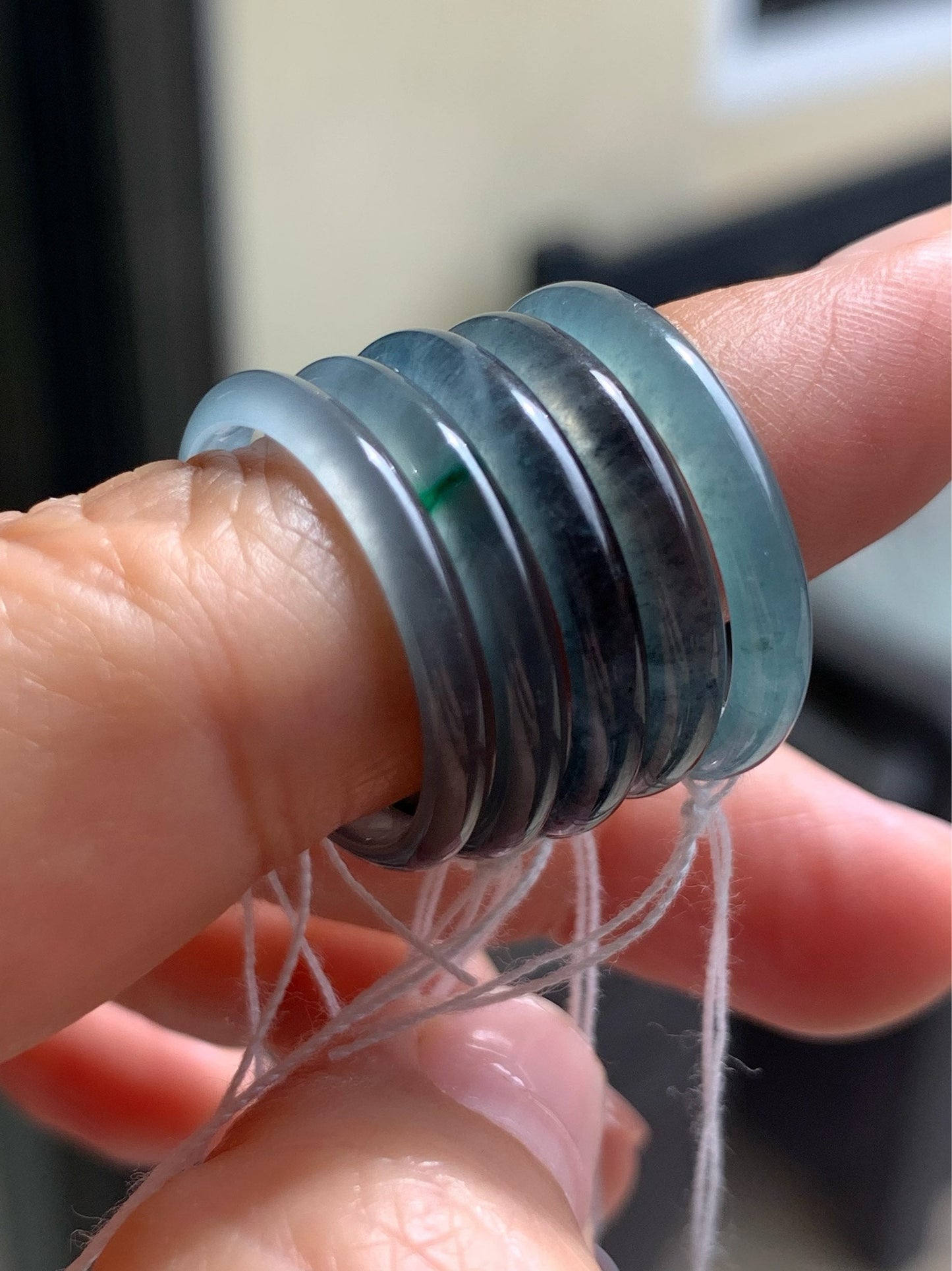 Natural Guatemalan Highly Translucent Blue Wuji & Green Marbling Jadeite Band Rings Skinny Band Size Varies 天然危地马拉起光起冰蓝乌鸡飘绿花翡翠戒圈