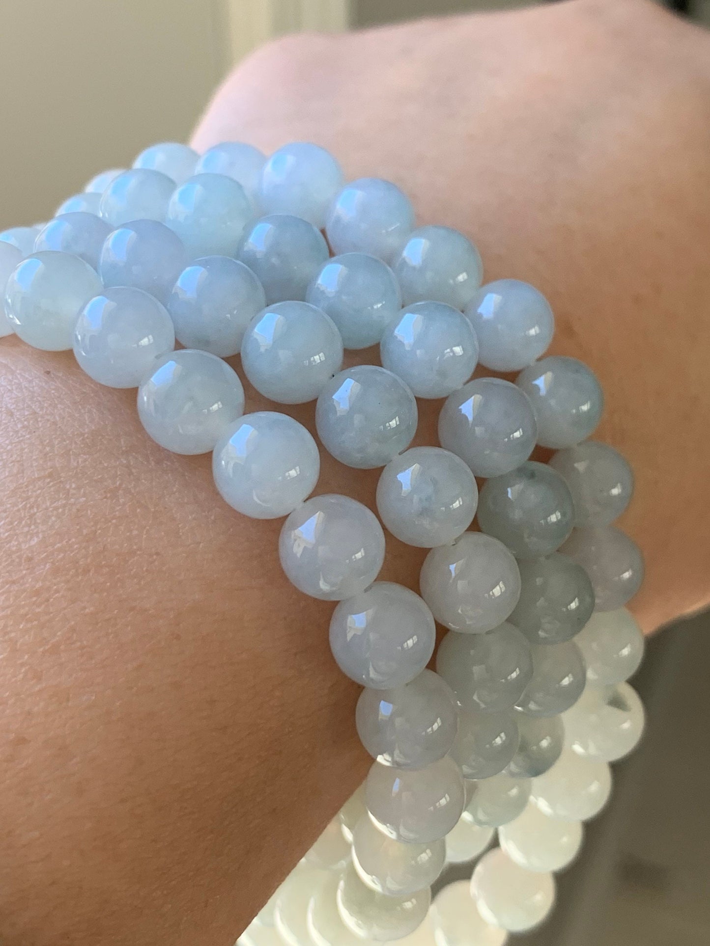 Burmese Natural Icy Translucent Gelatinous Light Green Jadeite w/ Green Marbling Beaded Necklace 7.8mm 32” 88 grams 天然缅甸正冰起胶晴底飘绿花翡翠长串