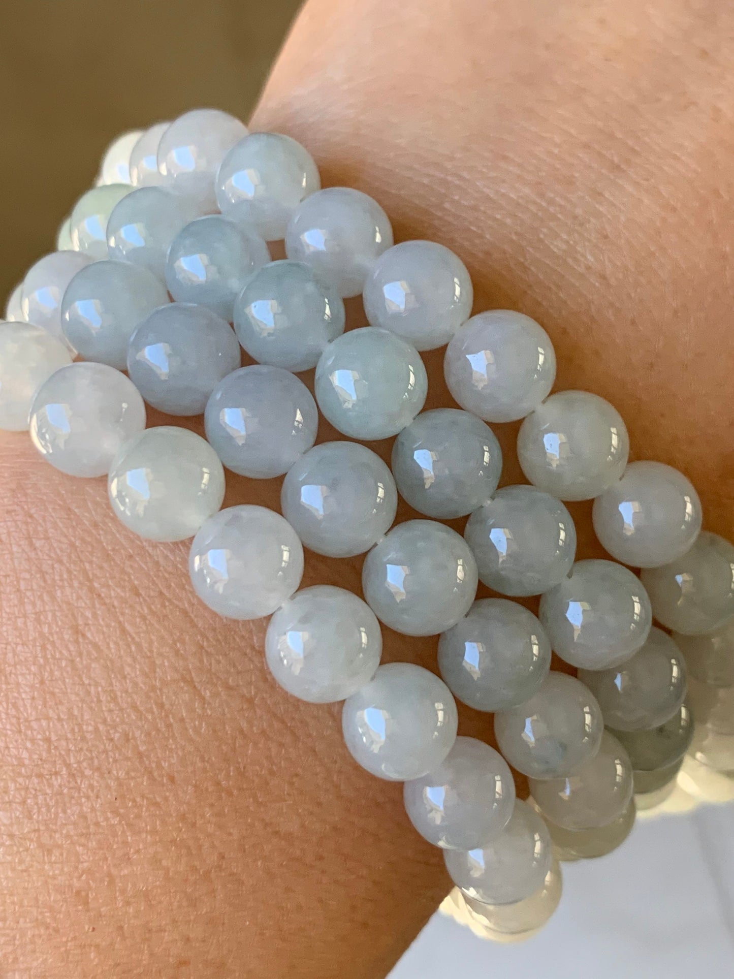 Burmese Natural Icy Translucent Gelatinous Light Green Jadeite w/ Green Marbling Beaded Necklace 7.8mm 32” 88 grams 天然缅甸正冰起胶晴底飘绿花翡翠长串