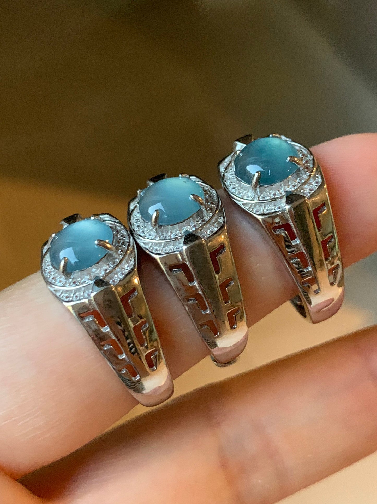 Large Natural Guatemalan Icy Highly Translucent Blue Jadeite Band Ring S925 Sterling Silver Size 9.5 Adjustable 天然老种冰蓝危地马拉翡翠宽版银镶戒指 WNJ90