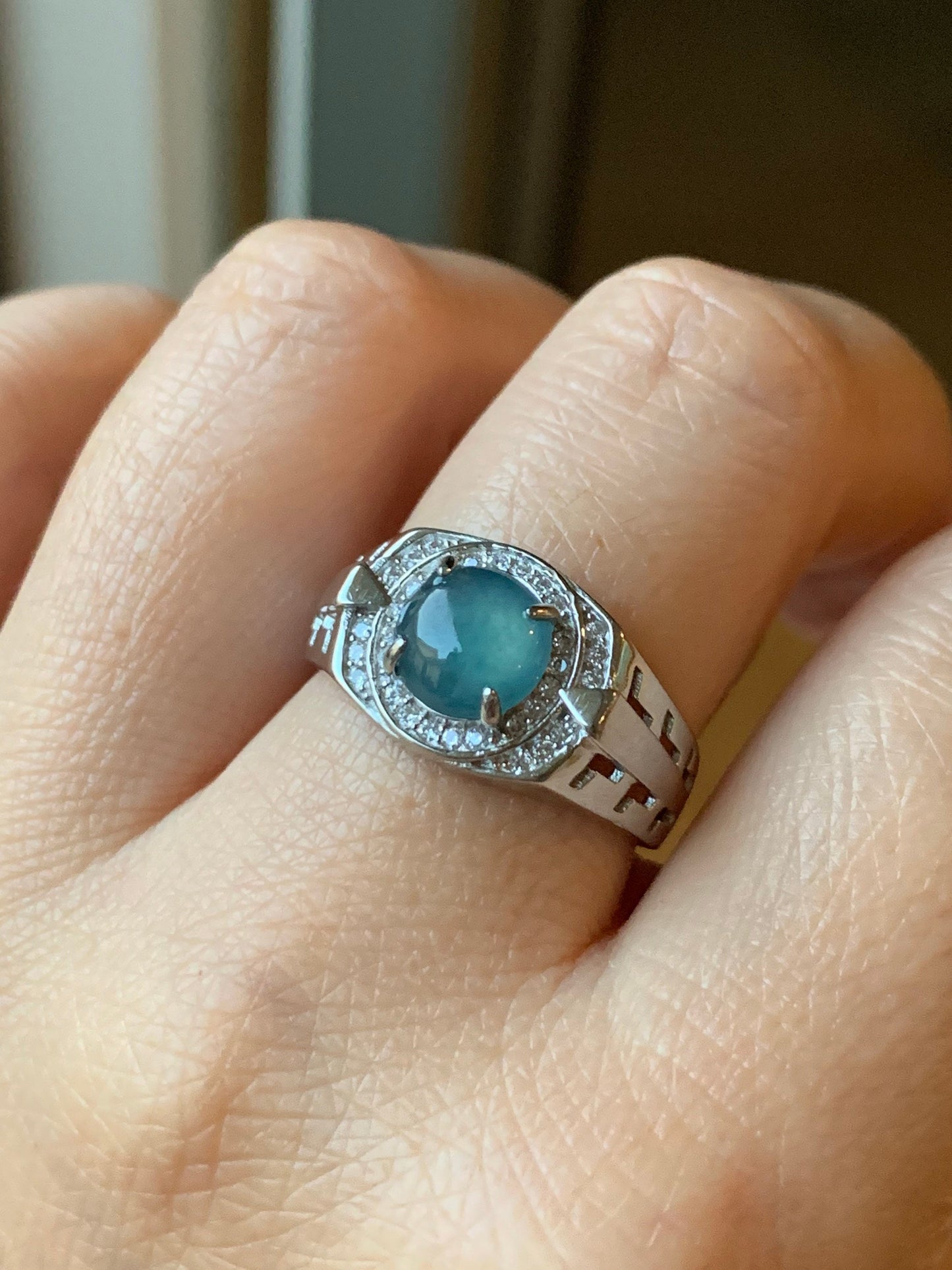 Large Natural Guatemalan Icy Highly Translucent Blue Jadeite Band Ring S925 Sterling Silver Size 9.5 Adjustable 天然老种冰蓝危地马拉翡翠宽版银镶戒指 WNJ90