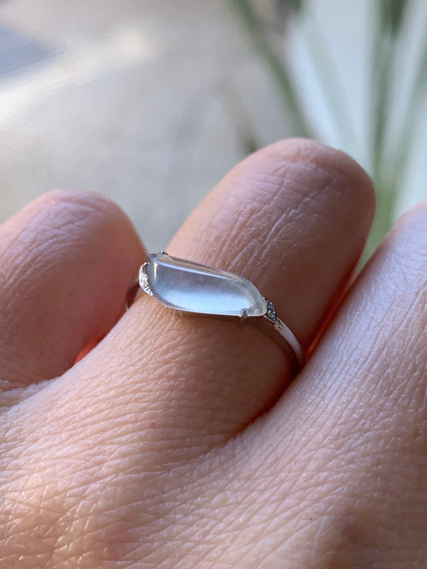 Certified 18K White Gold Burmese Premium Icy White Jadeite Horse Eye Cut Ring with Diamonds Sz 7 天然缅甸起光起冰翡翠马眼随形镶嵌戒指