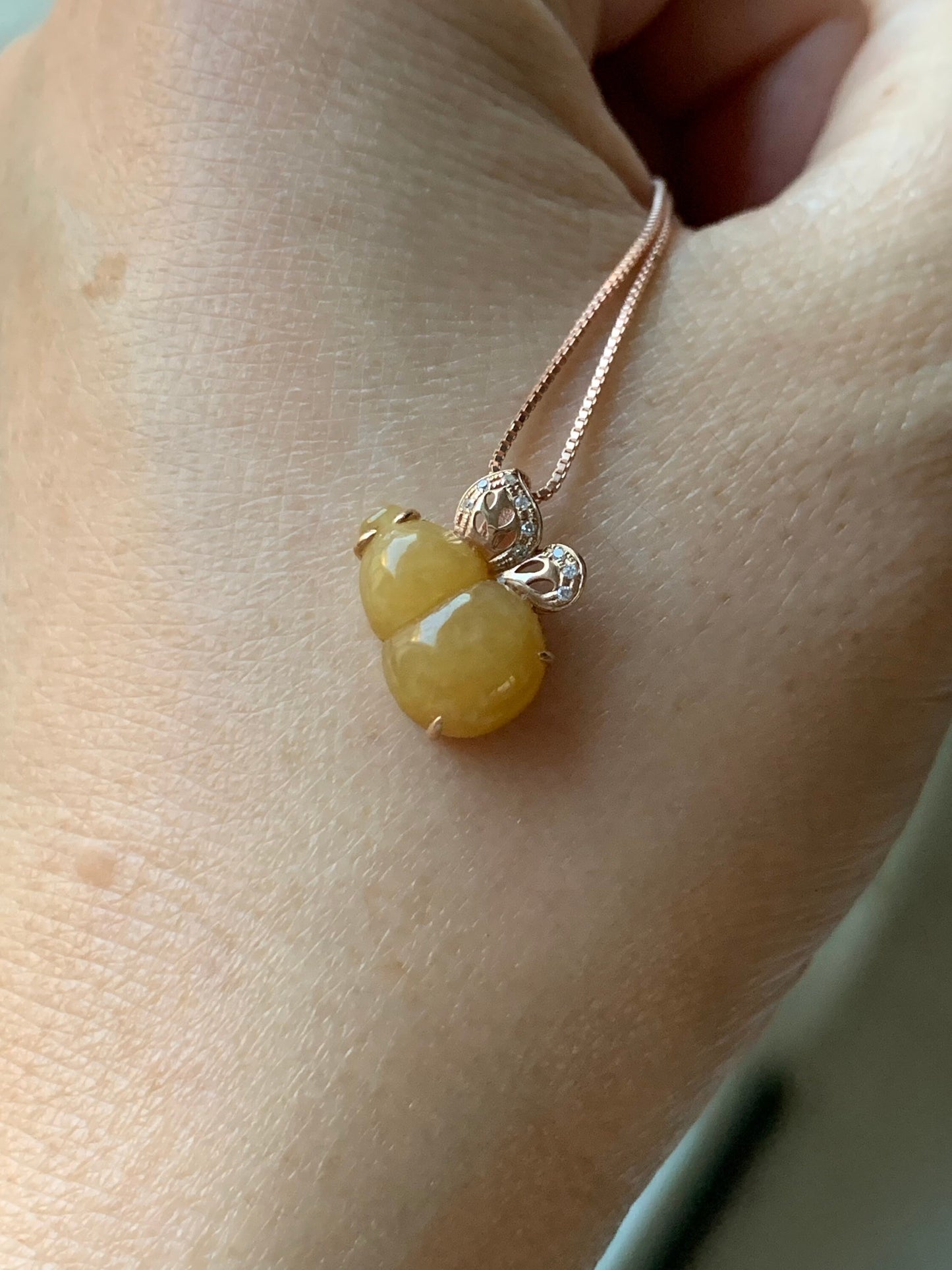Certified Natural Burmese Icy Translucent Jadeite Gourd Hulu Pendant in 18K Rose Gold with Diamonds 天然缅甸黄翡葫芦K玫钻石镶嵌吊坠