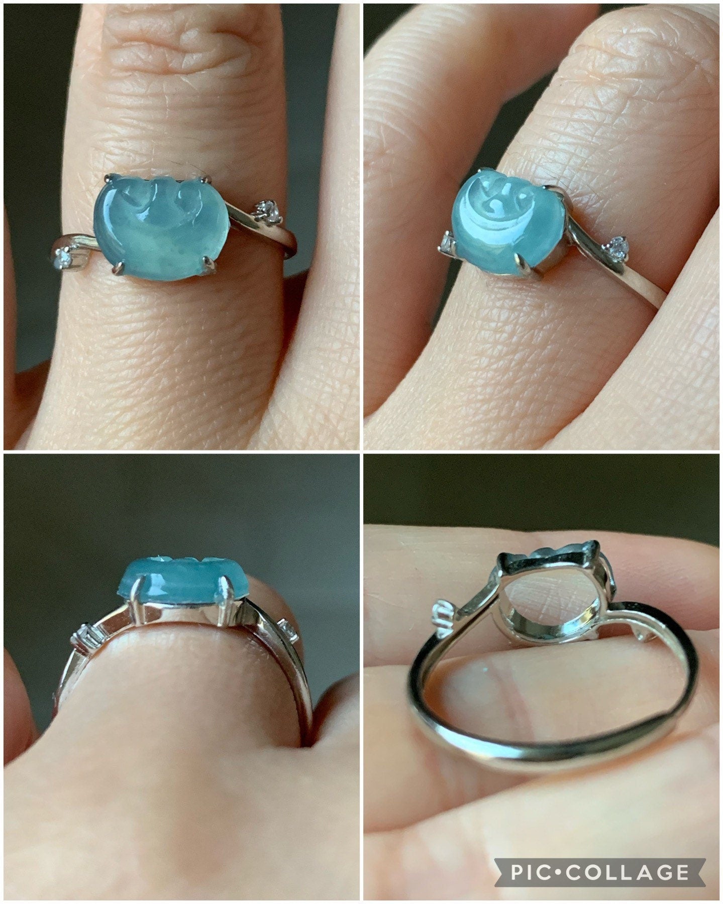 Guatemalan Natural Garde A Highly Translucent Sky Blue Jadeite Ruyi Ring S925 Silver Adjustable Sizes 天然高危蓝翡翠如意银镶戒指 WRY