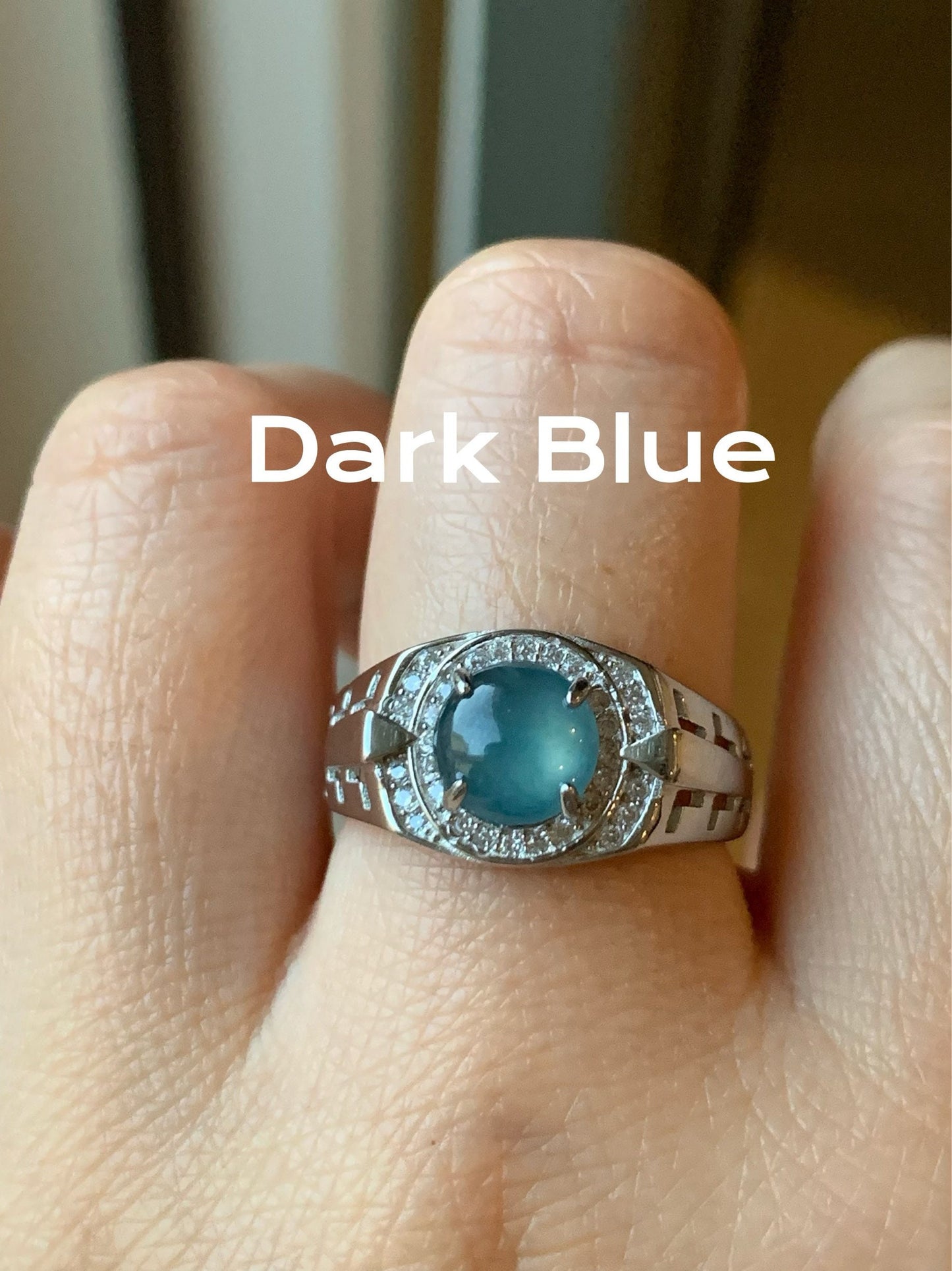 Large Natural Guatemalan Icy Highly Translucent Blue Jadeite Band Ring S925 Sterling Silver Size 9.5 Adjustable 天然老种冰蓝危地马拉翡翠宽版银镶戒指 WNJ90