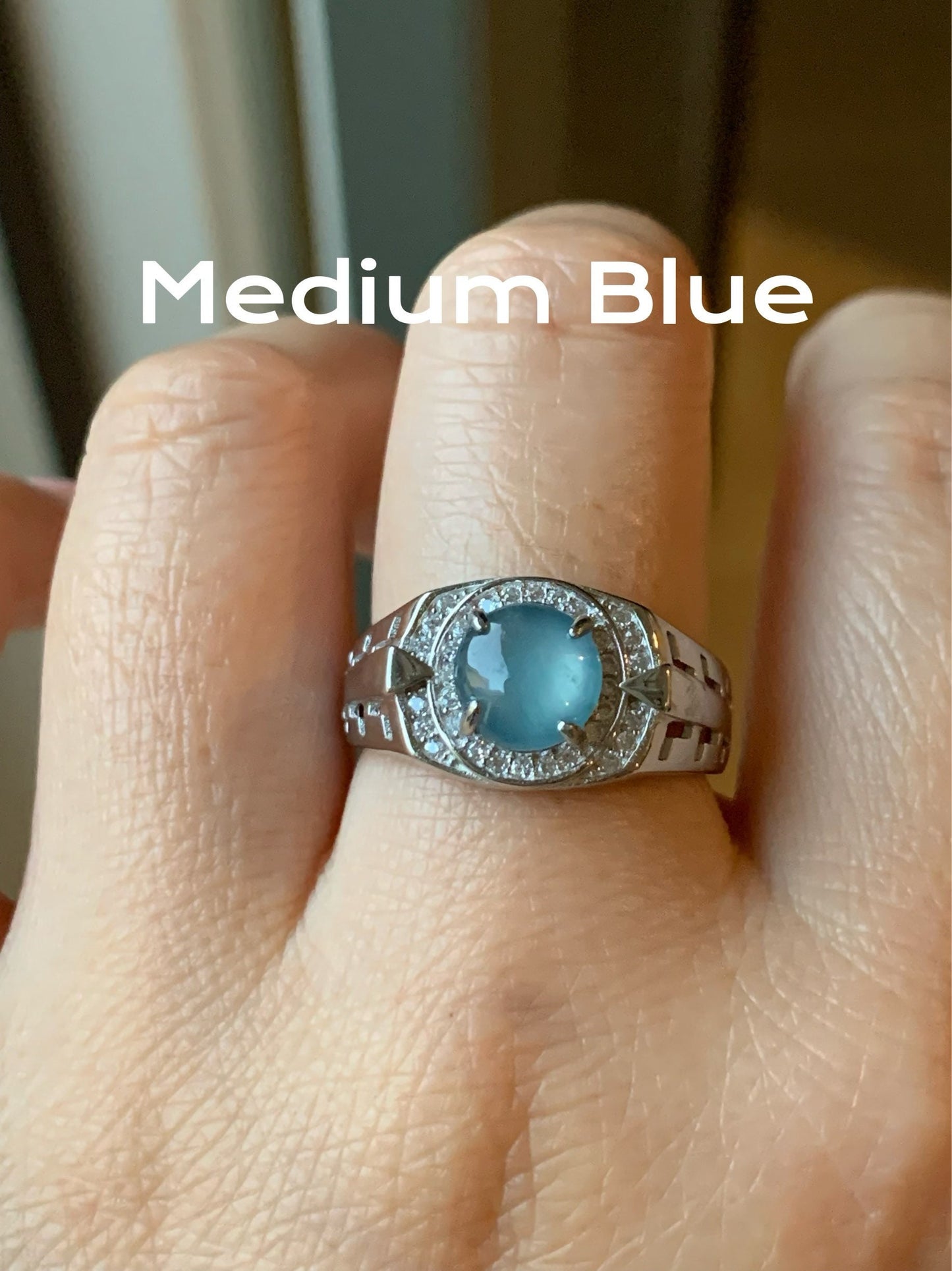 Large Natural Guatemalan Icy Highly Translucent Blue Jadeite Band Ring S925 Sterling Silver Size 9.5 Adjustable 天然老种冰蓝危地马拉翡翠宽版银镶戒指 WNJ90