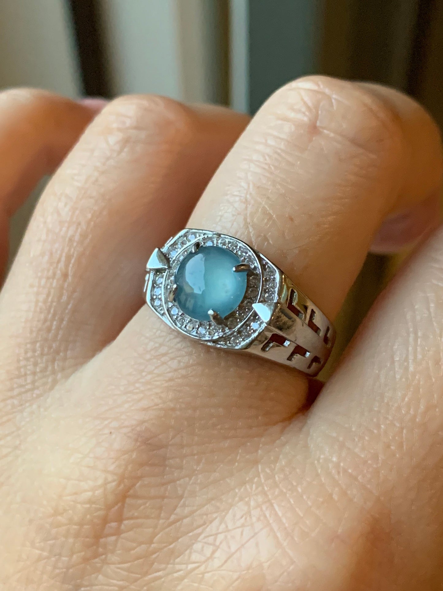 Large Natural Guatemalan Icy Highly Translucent Blue Jadeite Band Ring S925 Sterling Silver Size 9.5 Adjustable 天然老种冰蓝危地马拉翡翠宽版银镶戒指 WNJ90