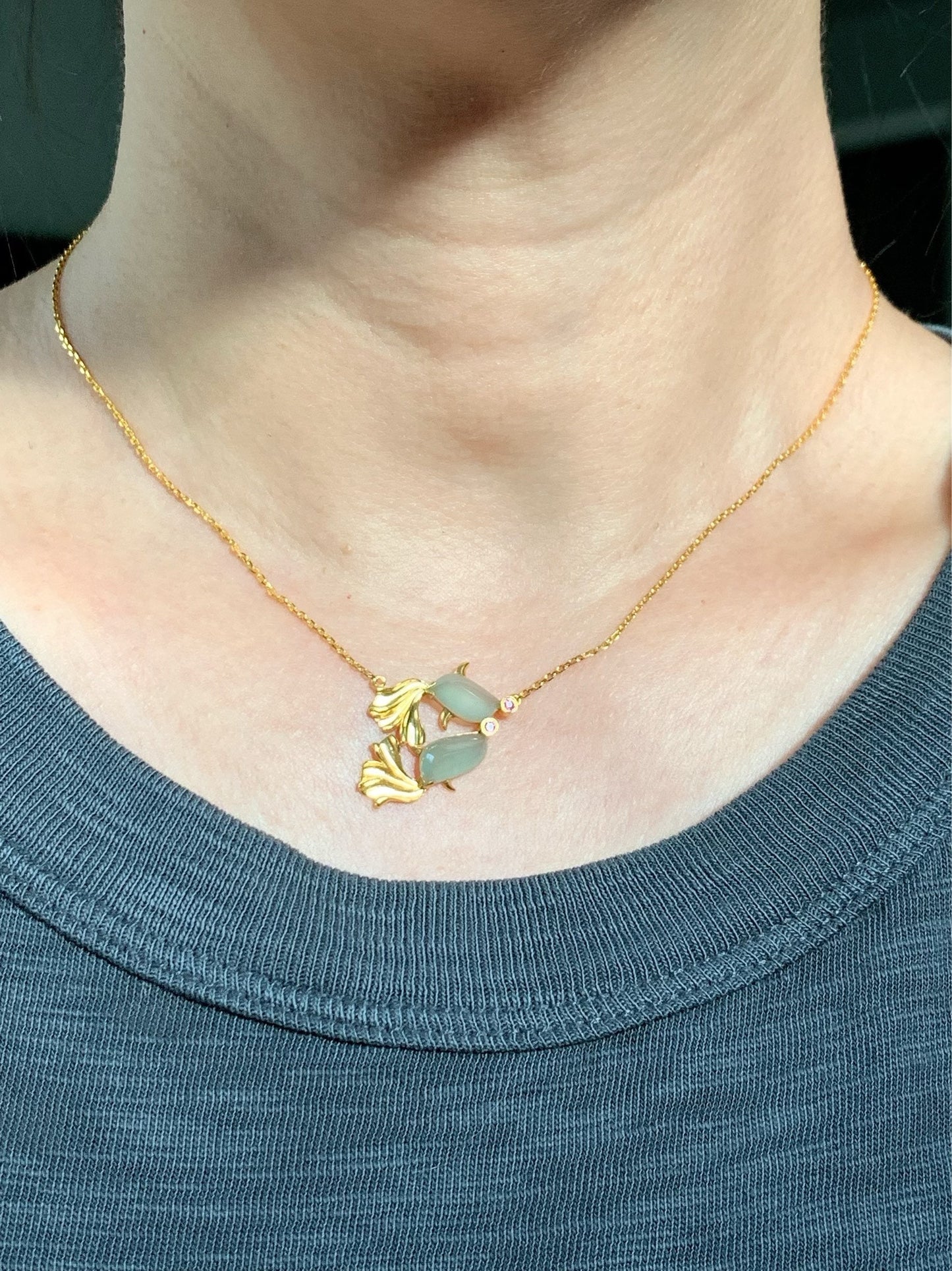 Certified Natural Burmese Highly Translucent Light Green Jadeite Double Fish Necklace 18K Yellow Gold & Ruby 天然缅甸正冰起晴底翡翠双鱼镶嵌锁骨链