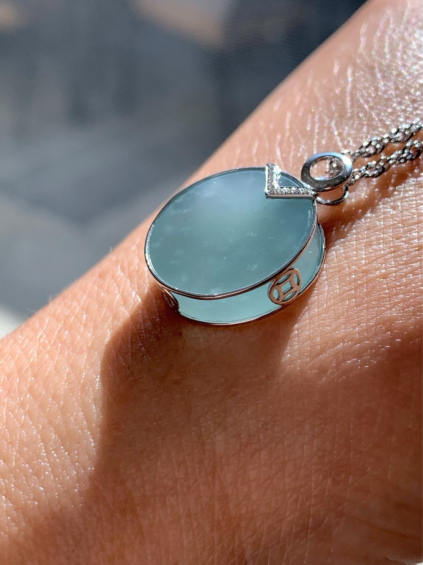 Certified Natural Guatemalan Premium Sky Blue Jadeite Circle Blessing Amulet Pendant Wu Shi Pai 18K White Gold & Diamonds 天然翡翠冰危蓝无事牌K金钻石镶嵌吊坠