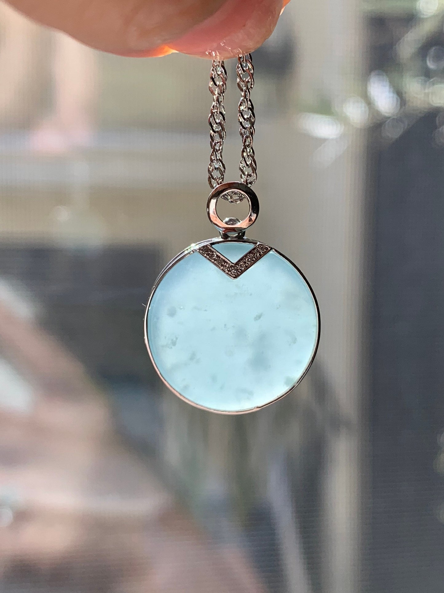 Certified Natural Guatemalan Premium Sky Blue Jadeite Circle Blessing Amulet Pendant Wu Shi Pai 18K White Gold & Diamonds 天然翡翠冰危蓝无事牌K金钻石镶嵌吊坠