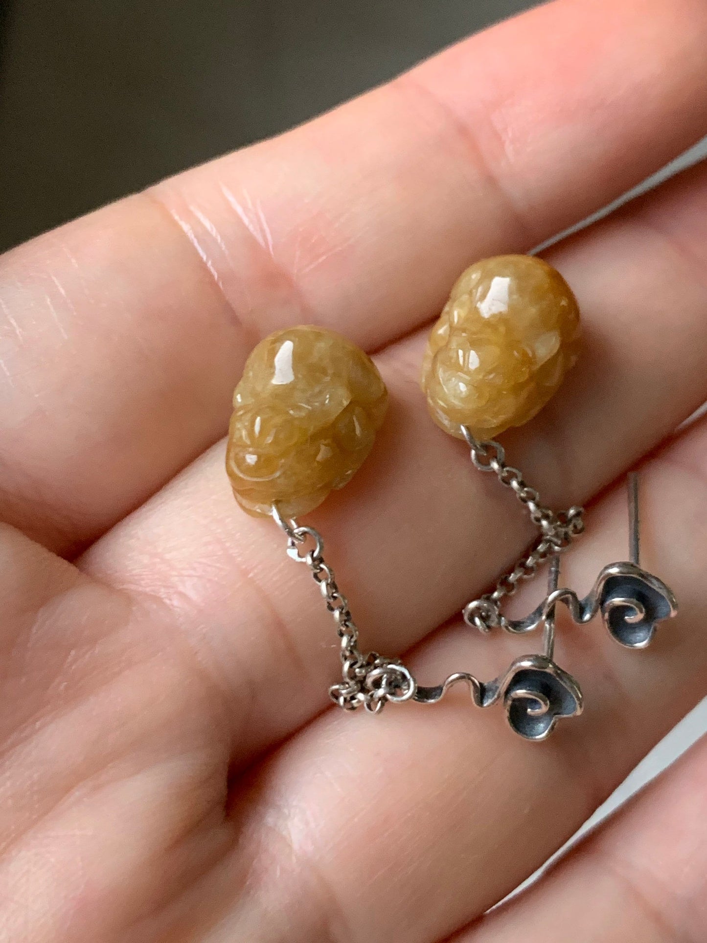 Natural Burmese Icy translucent Dark Yellow Jadeite Pixiu Dangle Earrings S925 Silver 天然缅甸冰黄翡翠貔貅银镶耳钩