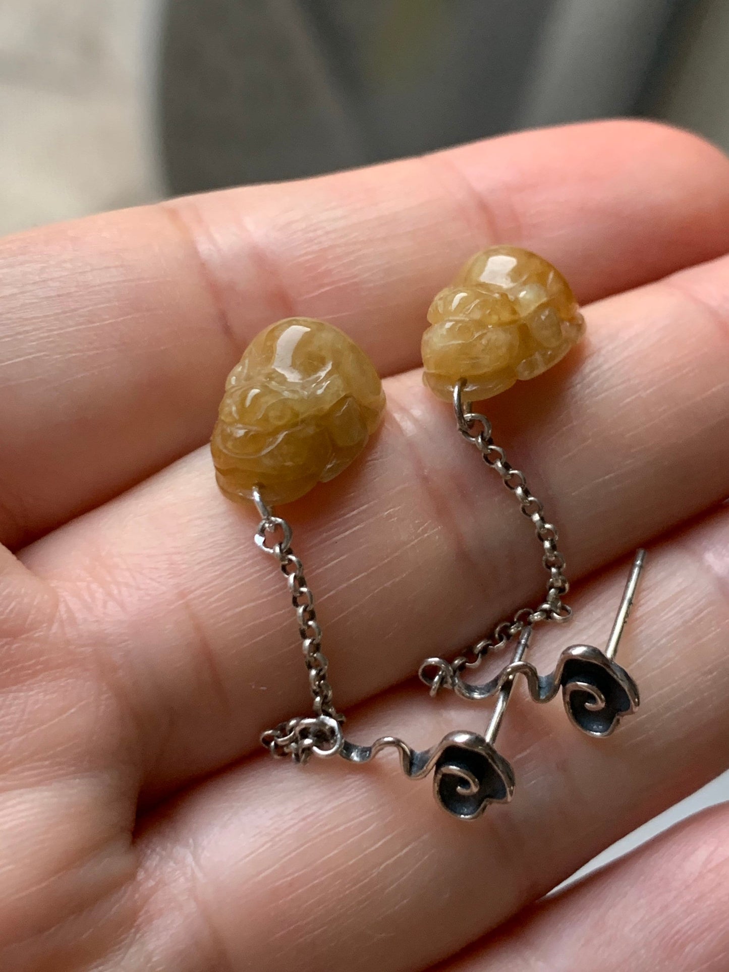 Natural Burmese Icy translucent Dark Yellow Jadeite Pixiu Dangle Earrings S925 Silver 天然缅甸冰黄翡翠貔貅银镶耳钩
