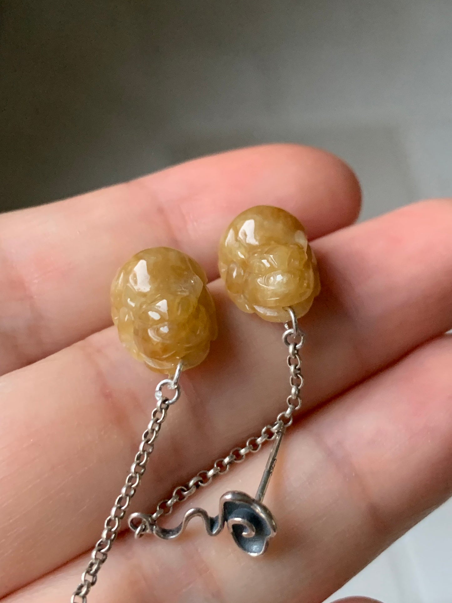 Natural Burmese Icy translucent Dark Yellow Jadeite Pixiu Dangle Earrings S925 Silver 天然缅甸冰黄翡翠貔貅银镶耳钩