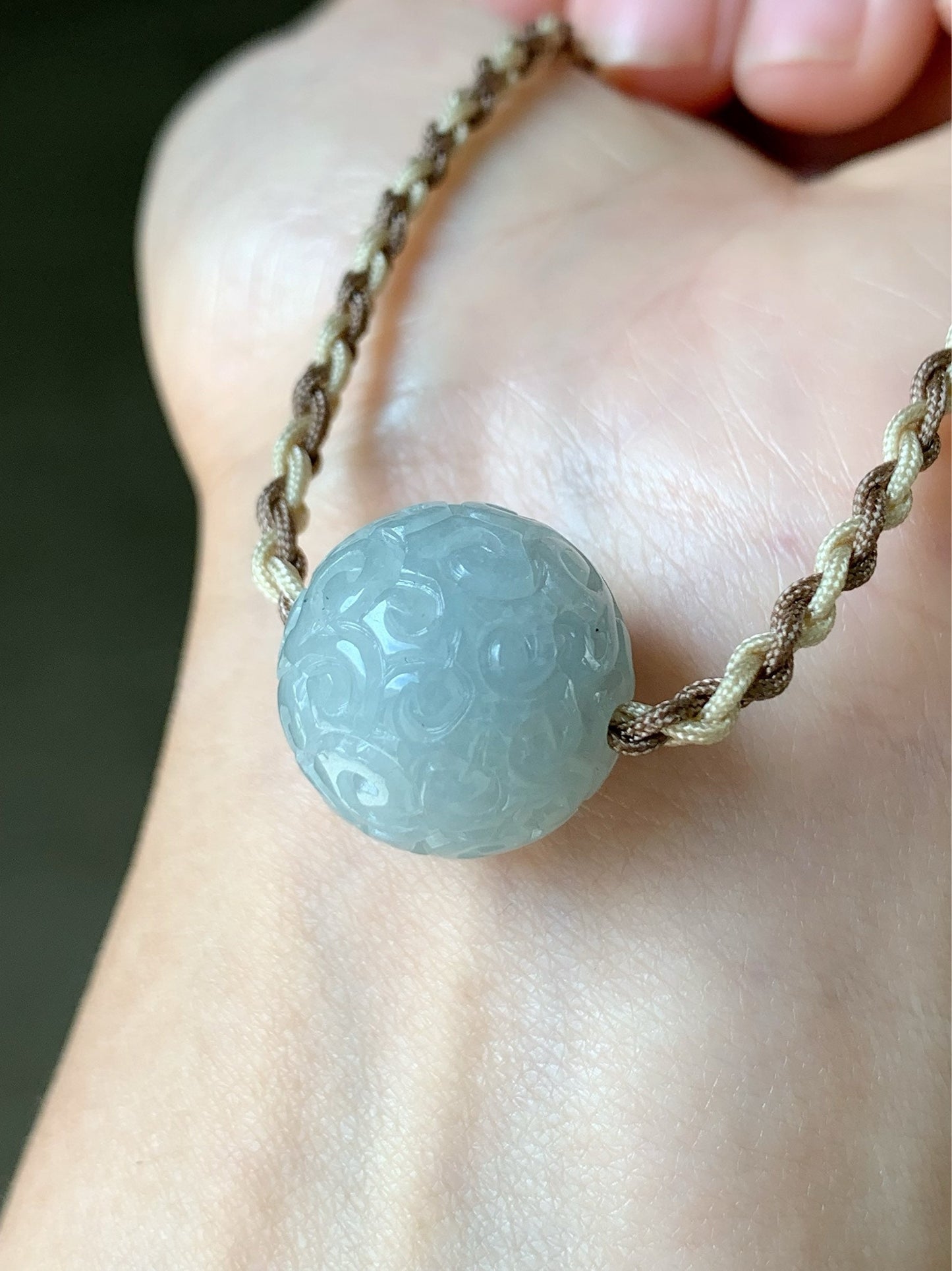 Huge Natural Burmese Icy Translucent Sky Blue Jadeite Retro Engraved Single Sphere Bead Rope Necklace Adjustable 17"-18.25" 天然缅甸天空蓝翡翠仿古雕单珠项链