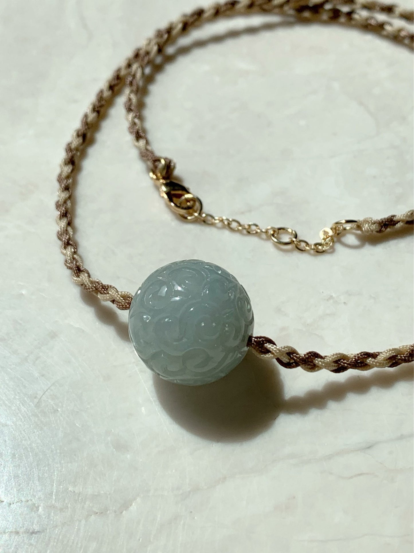 Huge Natural Burmese Icy Translucent Sky Blue Jadeite Retro Engraved Single Sphere Bead Rope Necklace Adjustable 17"-18.25" 天然缅甸天空蓝翡翠仿古雕单珠项链