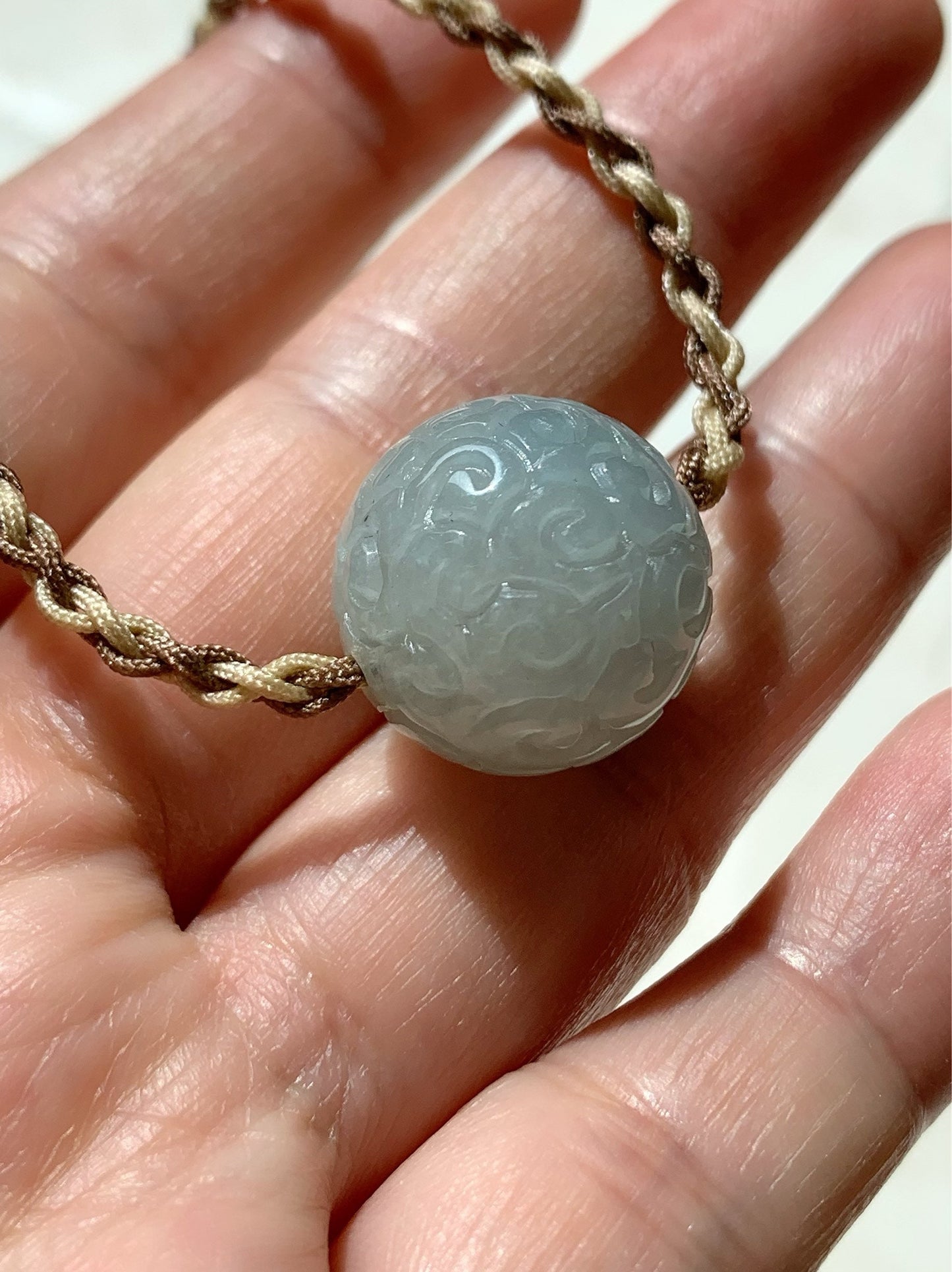 Huge Natural Burmese Icy Translucent Sky Blue Jadeite Retro Engraved Single Sphere Bead Rope Necklace Adjustable 17"-18.25" 天然缅甸天空蓝翡翠仿古雕单珠项链