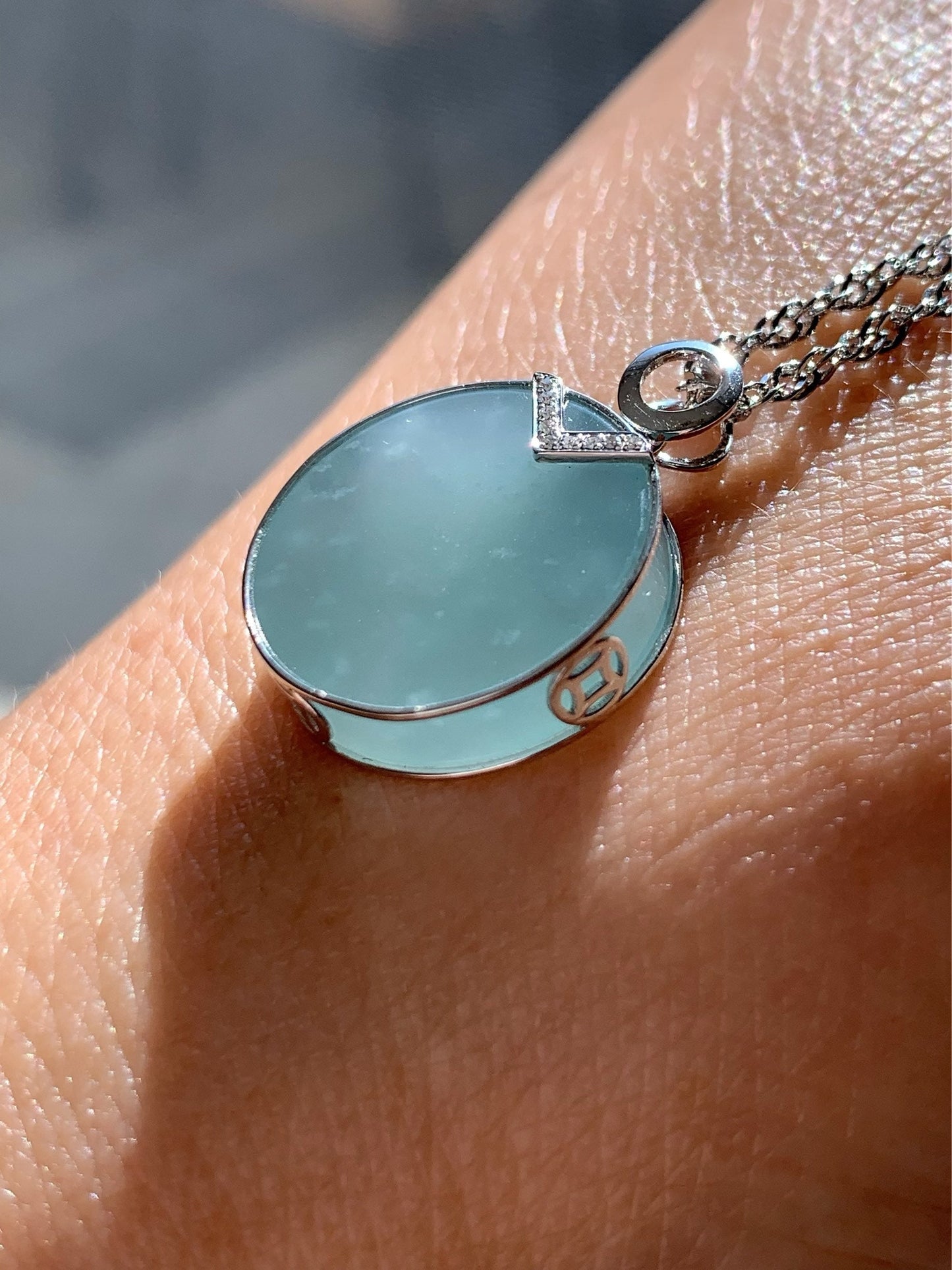 Certified Natural Guatemalan Premium Sky Blue Jadeite Circle Blessing Amulet Pendant Wu Shi Pai 18K White Gold & Diamonds 天然翡翠冰危蓝无事牌K金钻石镶嵌吊坠